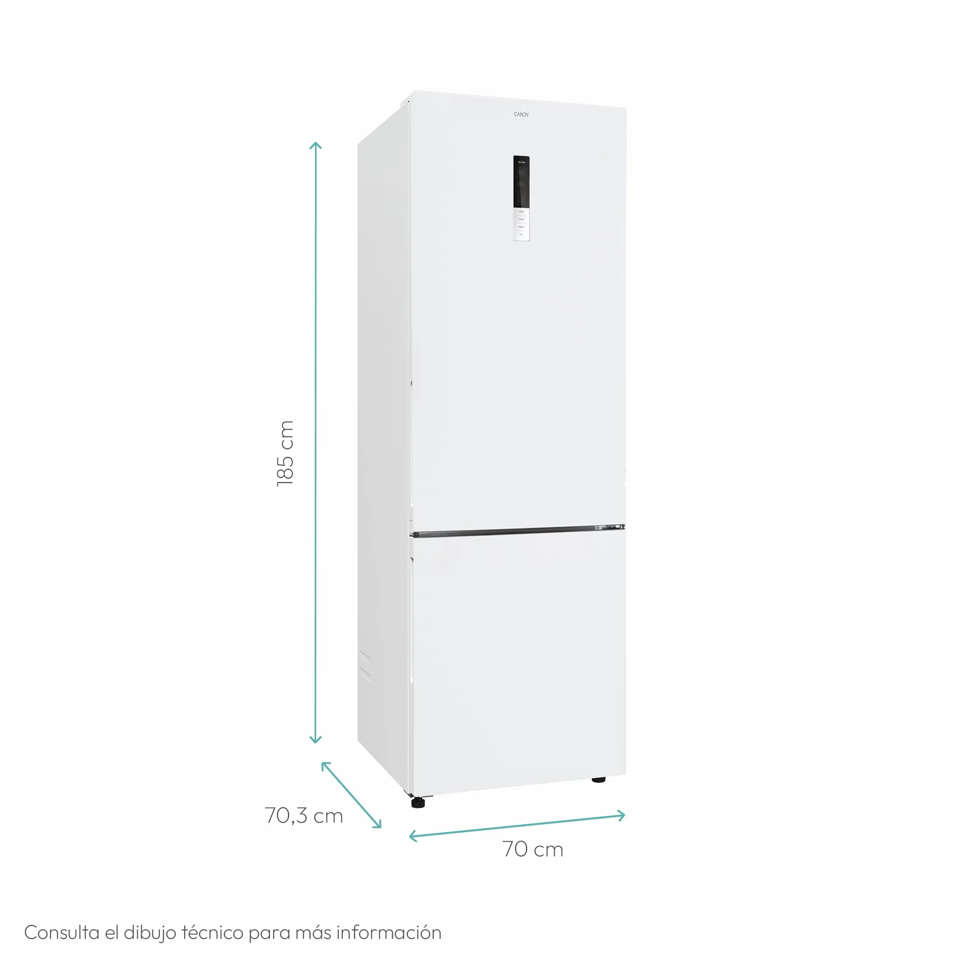 Candy Combi 70 CCG5T718EW1, Frigorífico Combi, 442L, Total No Frost Circle+, 3 Estantes, 4 Balconeras, 2 Cajones Verduleros, Control Digital Interno, Ancho 70 cm, Alto 185,5cm, Iluminación LED, Blanco