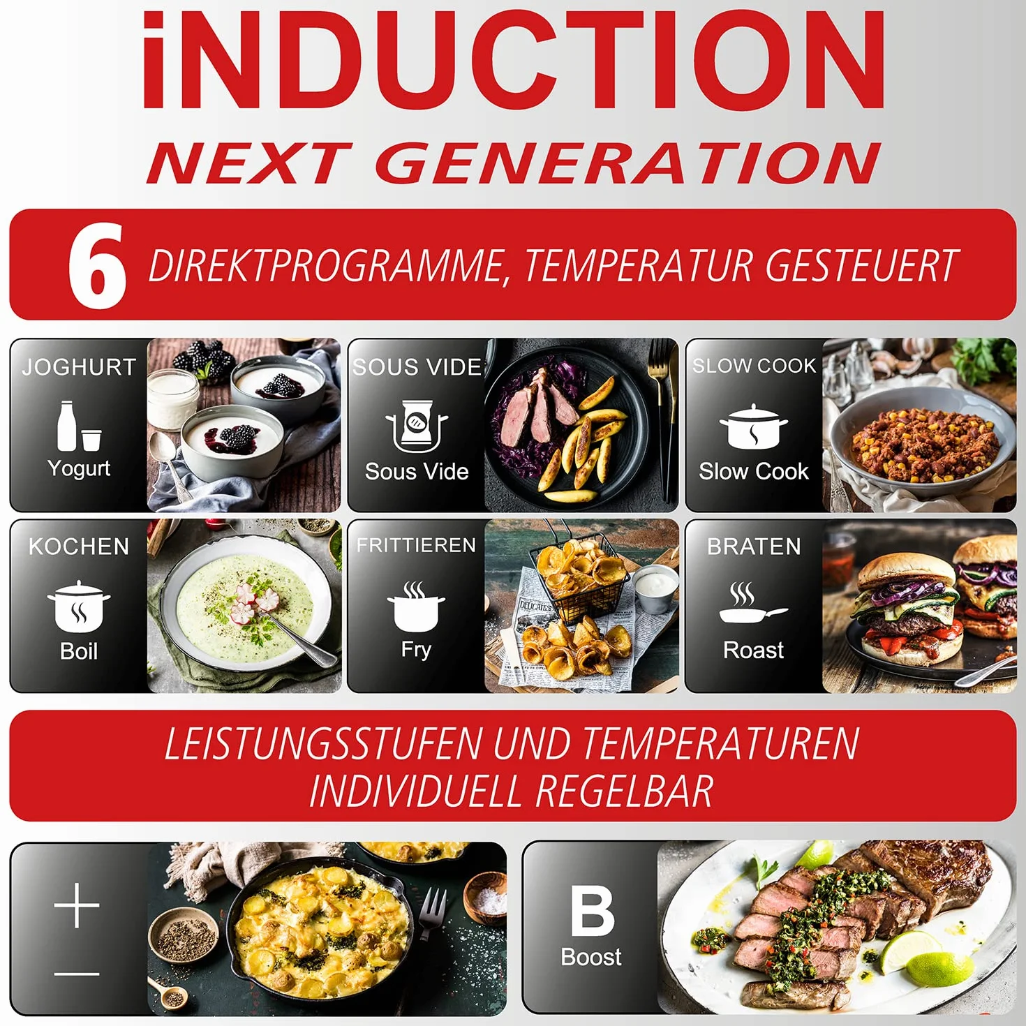 ROMMELSBACHER Placa de cocción individual CTS 2000/IN – Inducción, innovador sensor de temperatura, sustituye a muchos utensilios de cocina: 6 programas (por ejemplo, yogur, sous vide, freír),