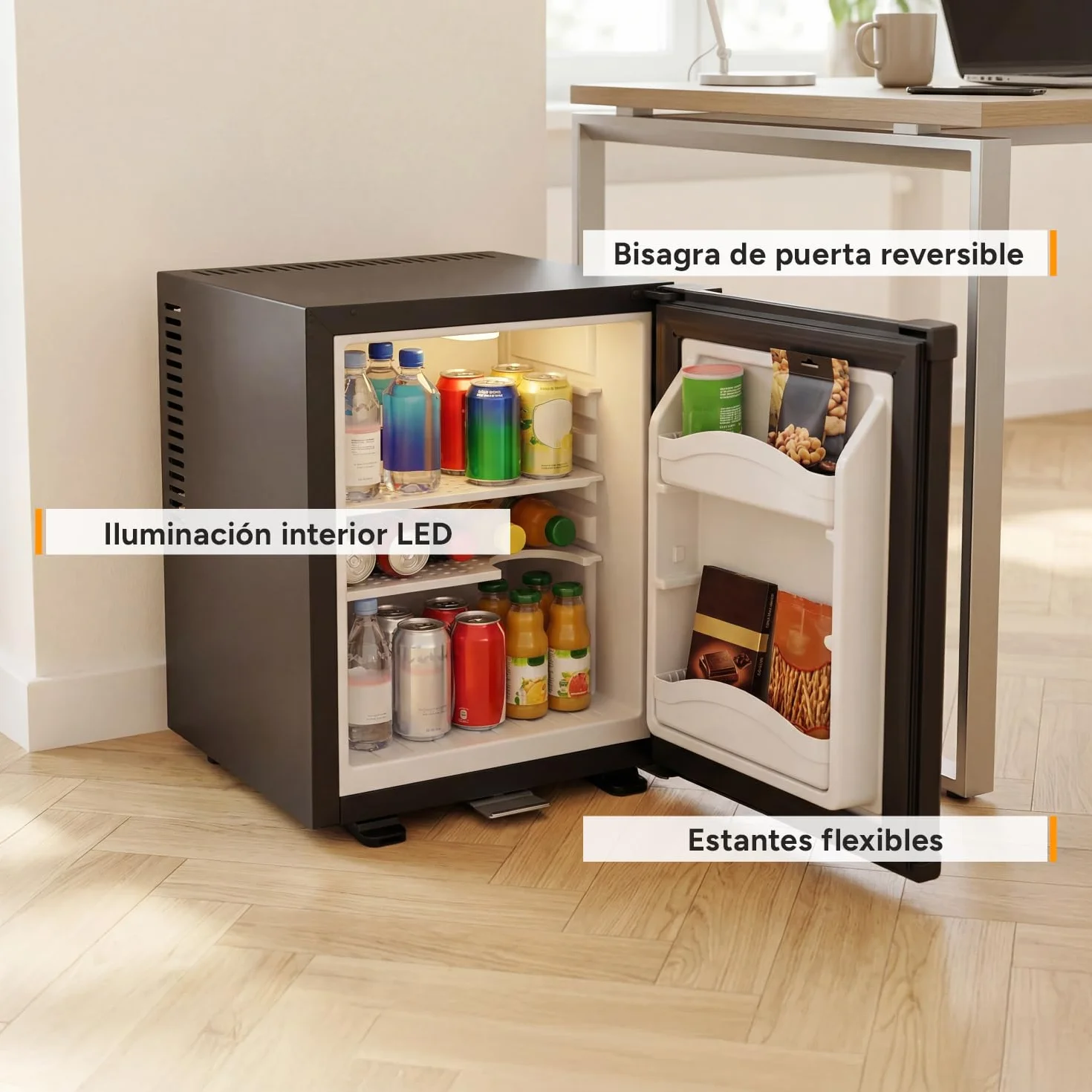 TZS First Austria - Mini Frigorífico 30L completamente silencioso - Pequeño Minifrigo con puerta reversible y luz interior - Minibar para camping, oficina, dormitorio y hotel - Negro mate