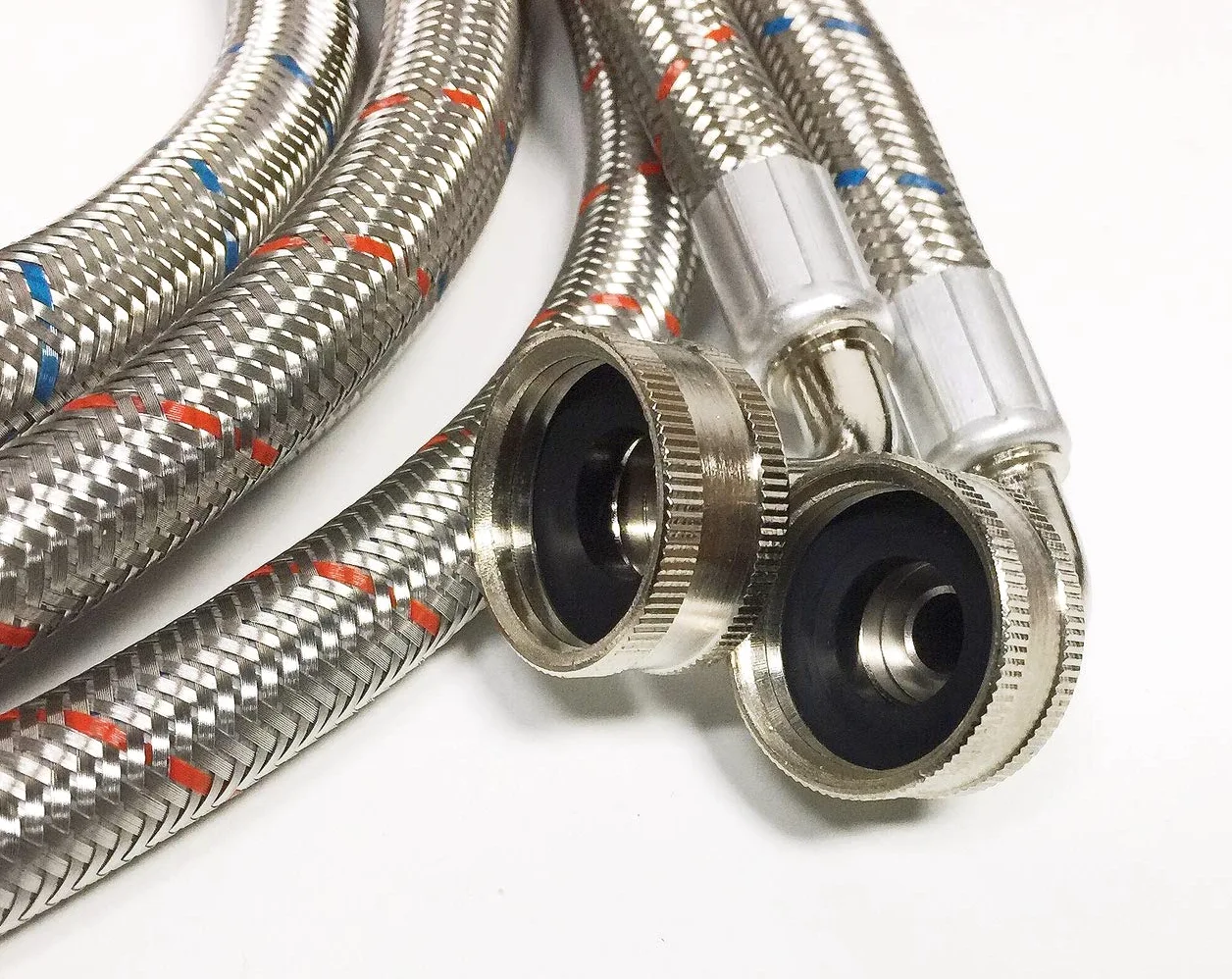 Mangueras de acero inoxidable para lavadora, 2 unidades, a prueba de fugas, de 8 pies, con líneas de entrada de agua forradas en rojo y azul, conexión universal de codo de 90 grados