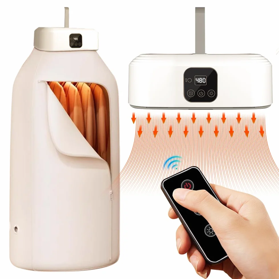 NAVESO Mini Secadora de Ropa Portatil Electrica, Mini Secadora Portatil, Secadora de Ropa Pequeña con Temporizador 1-8h, Esterilización UV, Mandos a Distancia, 600W
