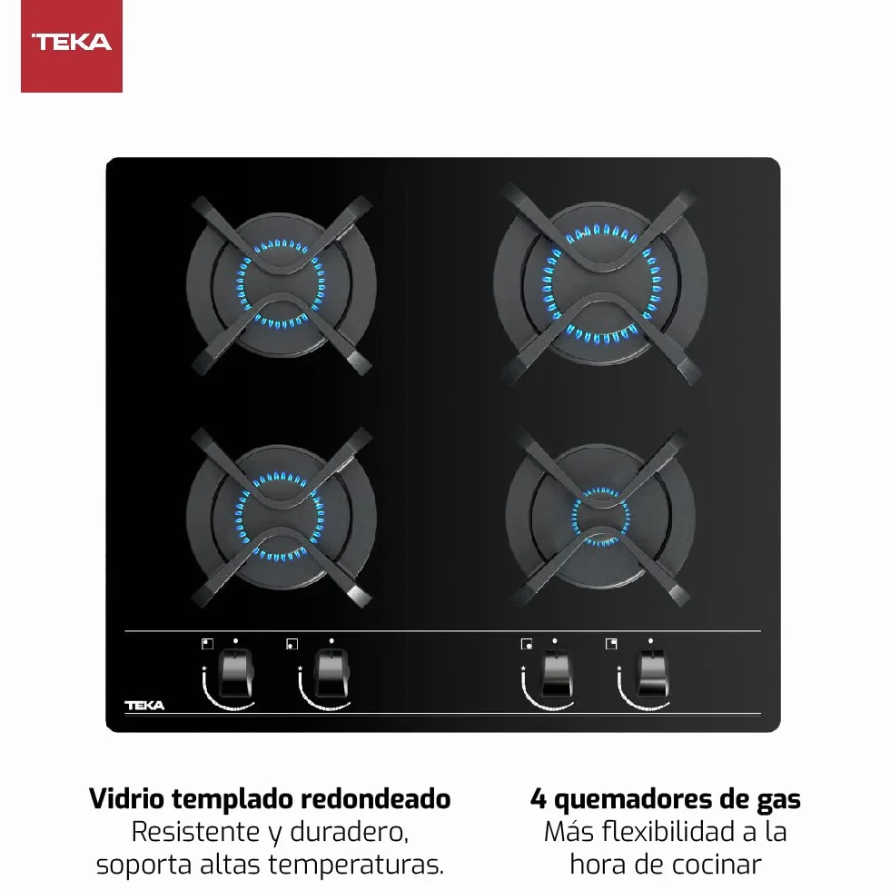 TEKA Placa de Gas 60 cm, 4 Quemadores, Autoencendido y Seguridad Termopar, Parrillas de Fundición, Modelo GBC 64000 KBN