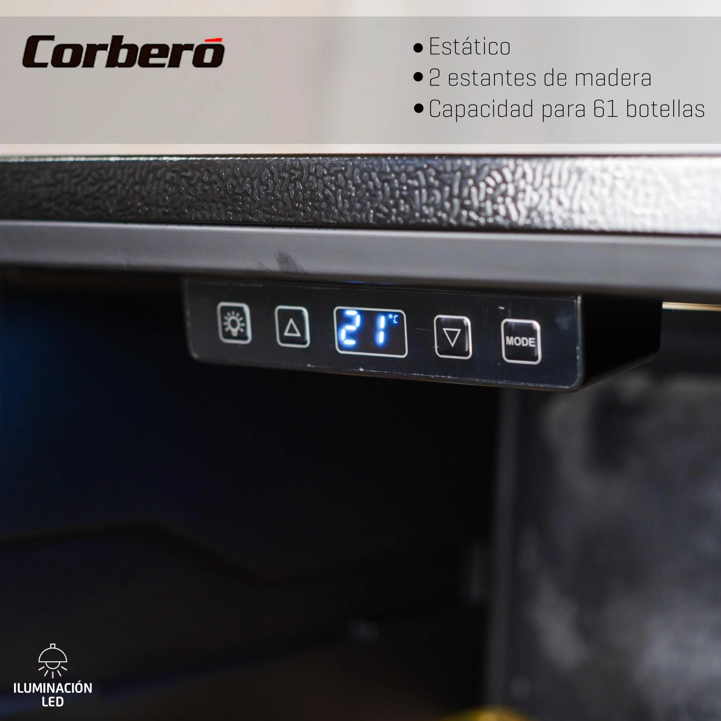 Corberó - Vinoteca CFKWC61SW | 126L | 61 Botellas | Puerta Cristal | Display LED | 2 Estantes Madera | Rango Temperatura 5-20ºC | Nevera para vinos | Negro