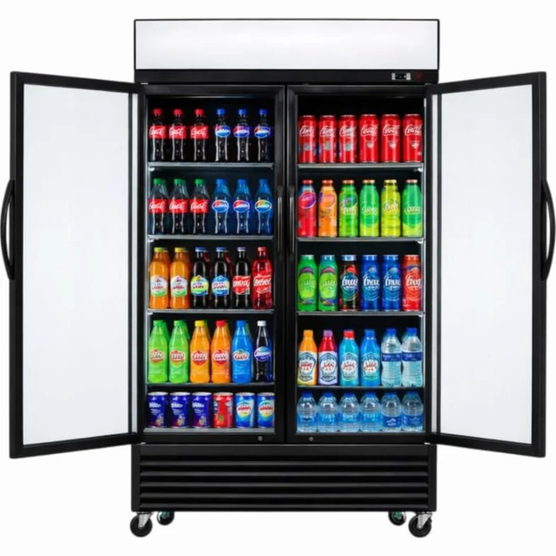 Armario para bebidas genérico 2 puertas acristaladas - 880L - Temperatura 2-8°C - Iluminación LED - Doble acristalamiento - Ruedas - Cierre automático - Canopy Luminoso Publicitario - Negro - 230V