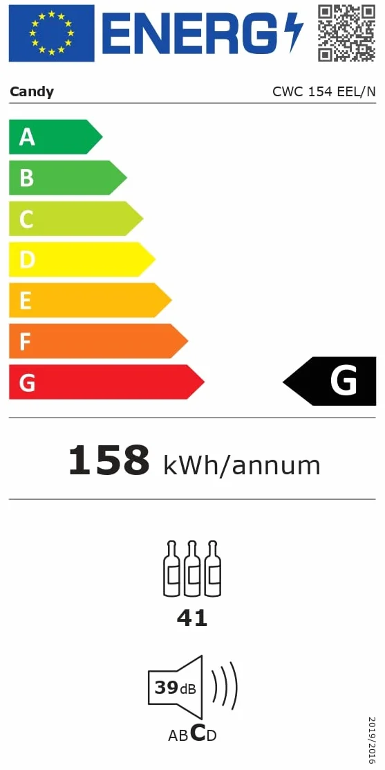 Candy CWC 154 EEL/N, Vinoteca, Capacidad 41 botellas, Wi-Fi, Luces LED, Baldas madera, Tratamiento anti uv, Puerta doble cristal reversible, 39dba, Clase A, Negro, 41 botellas plus Wi-Fi