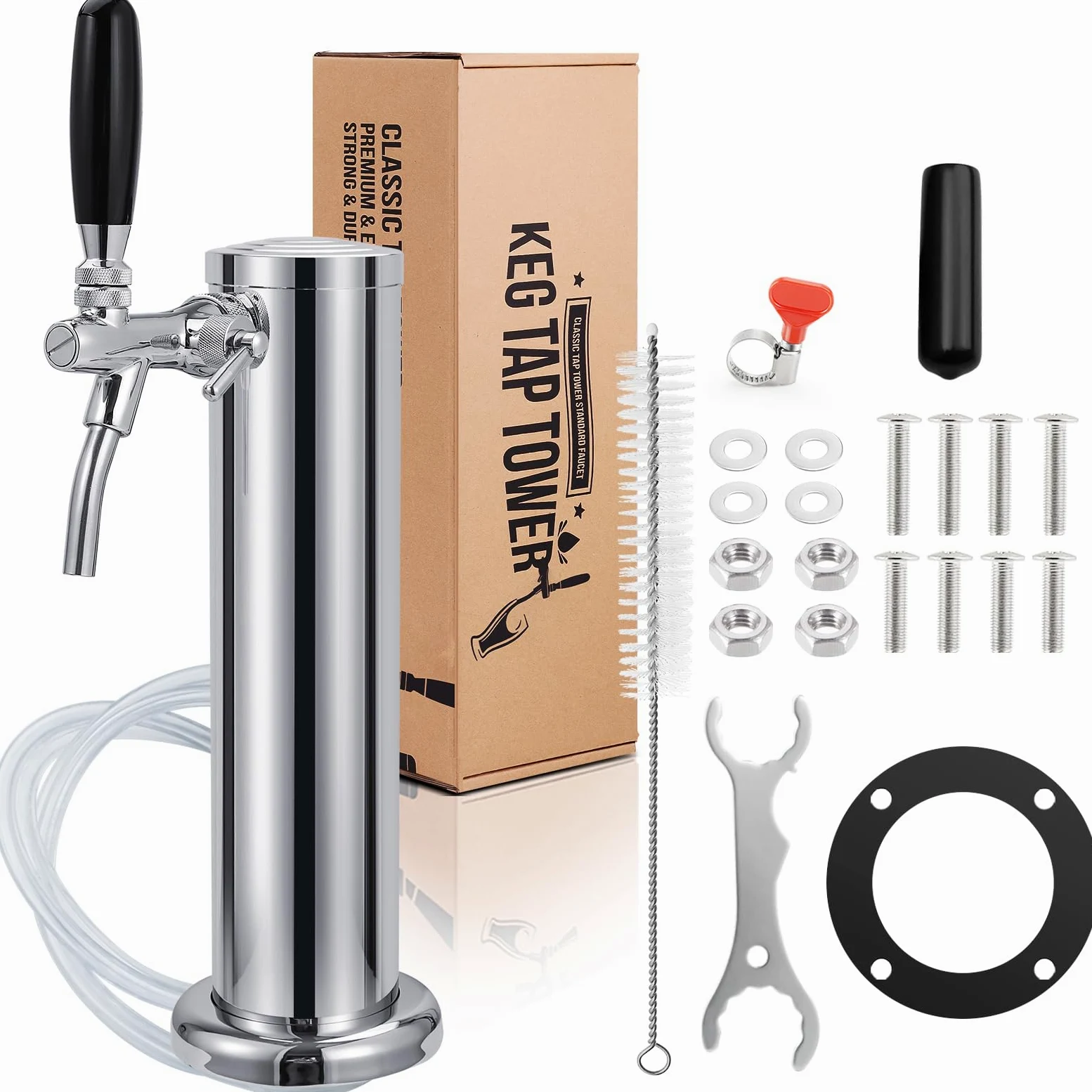 Torre Kegerator ajustable, piezas de Kegerator de un solo grifo | Control de flujo, grifo de cerveza de núcleo de acero inoxidable 304, incluye tubo premontado y resortes de cierre automático