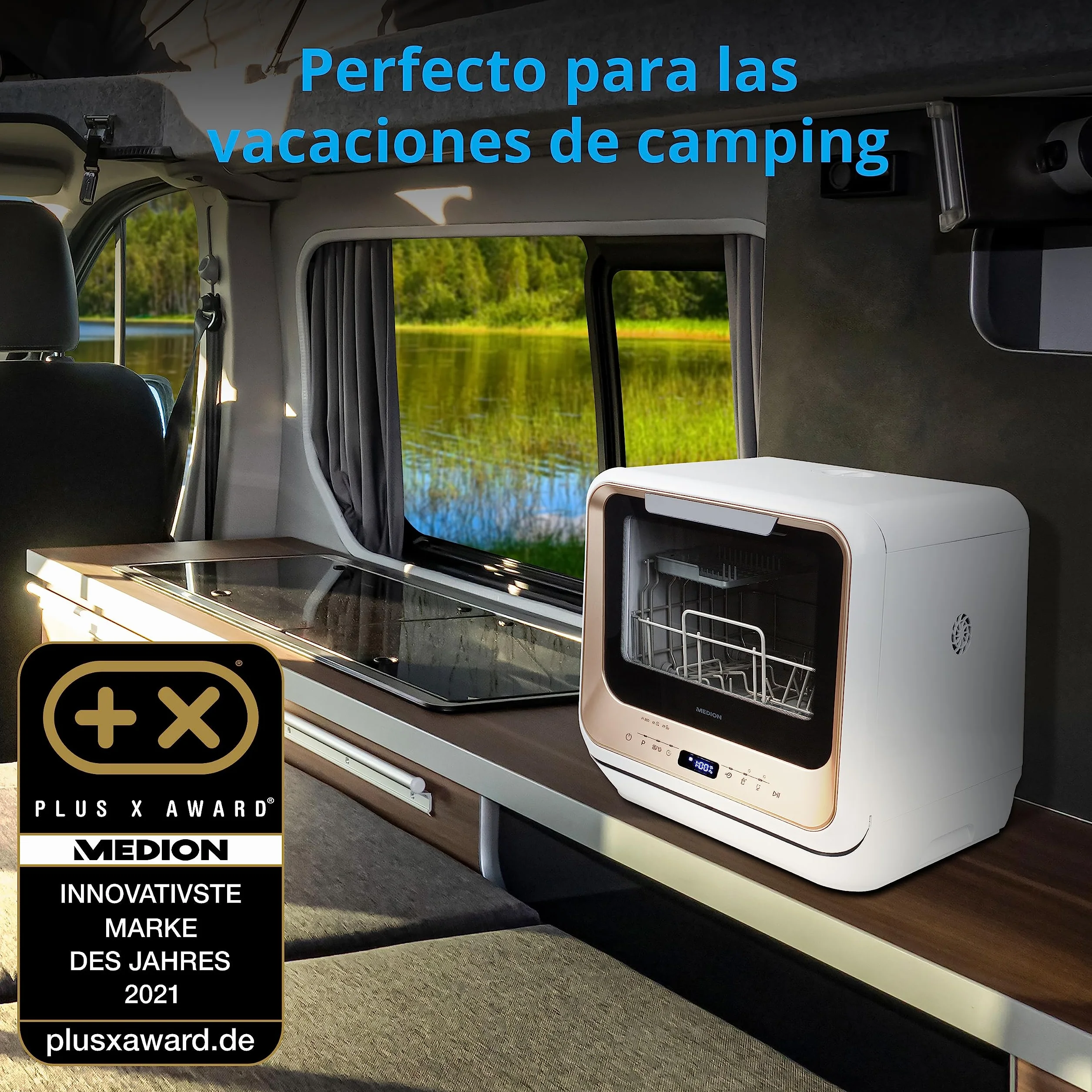 MEDION Mini lavavajillas MD 37217, lavavajillas pequeño para 2 cubiertos y 6 programas de limpieza, lavavajillas compacto con preselección de la hora de inicio