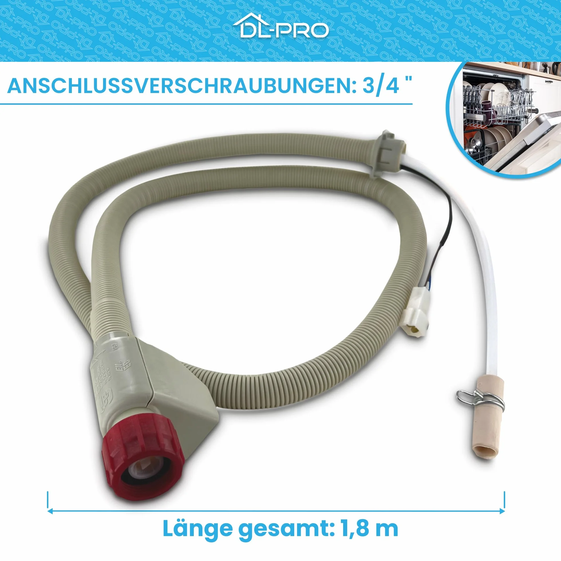 DL-pro Manguera de entrada de agua 1,5m para lavavajillas y lavaplatos para AEG Electrolux Juno 14018058901/6 140180589016 14018058901 Aquastop