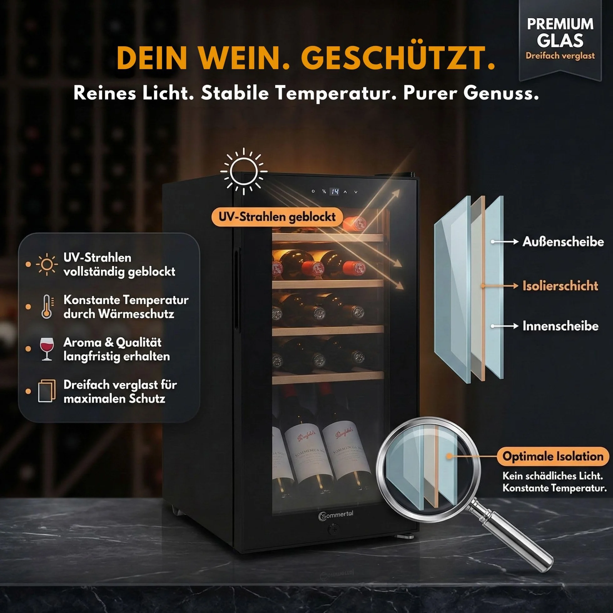 Sommertal WK50 - Nevera para vino con puerta de cristal (15 botellas, 5 – 20 ºC, ajustable, con cerradura, iluminación LED, puerta de cristal, pantalla táctil, 4 estantes de madera, silencioso, ahorro