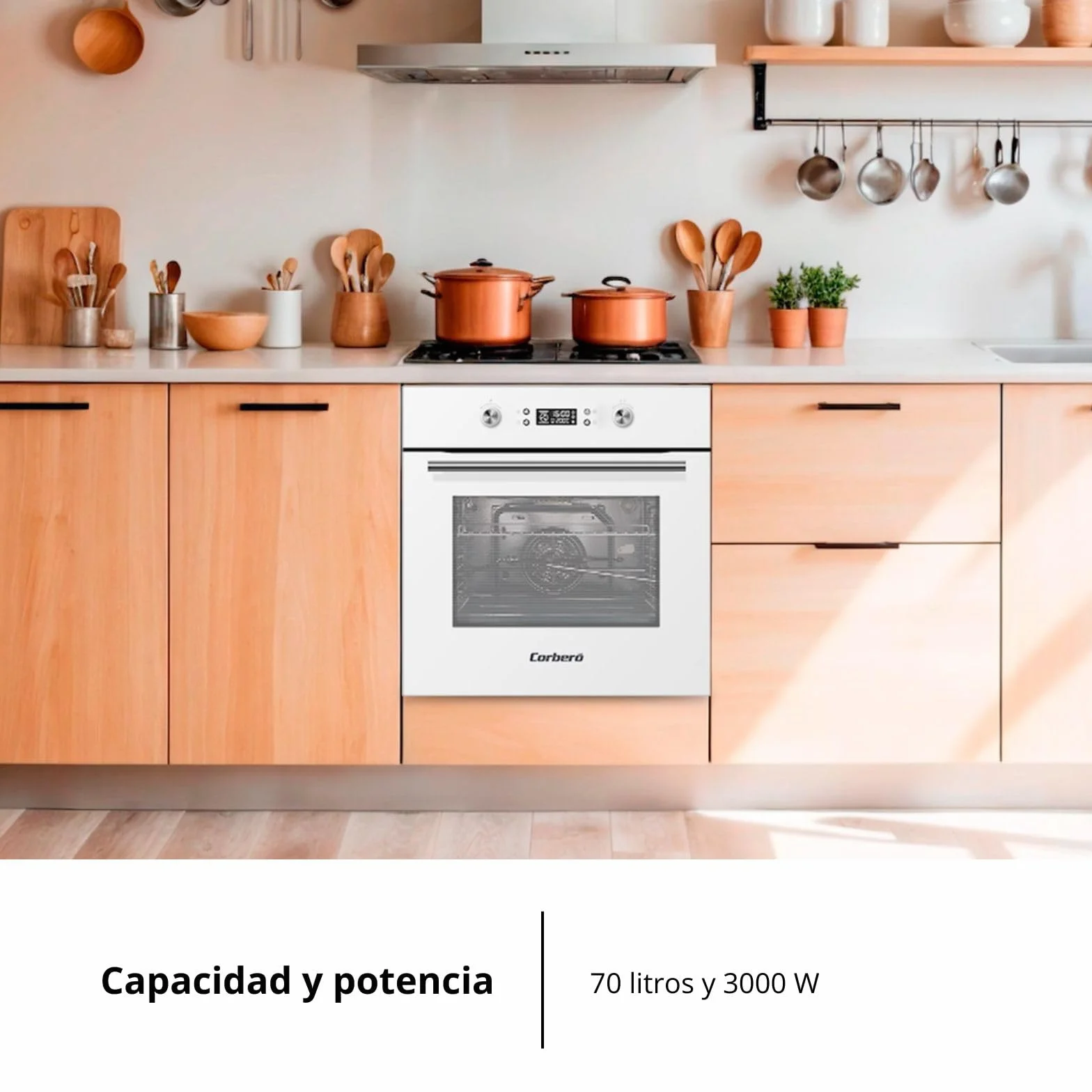 Corberó – Horno Multifunción Plus | CCHMD805W | 59x59x56 cm |70L | 8 Programas | Display Digital | Función Hidrólisis | 3000W | Doble Cristal | Guías Extraíbles | Cristal Blanco