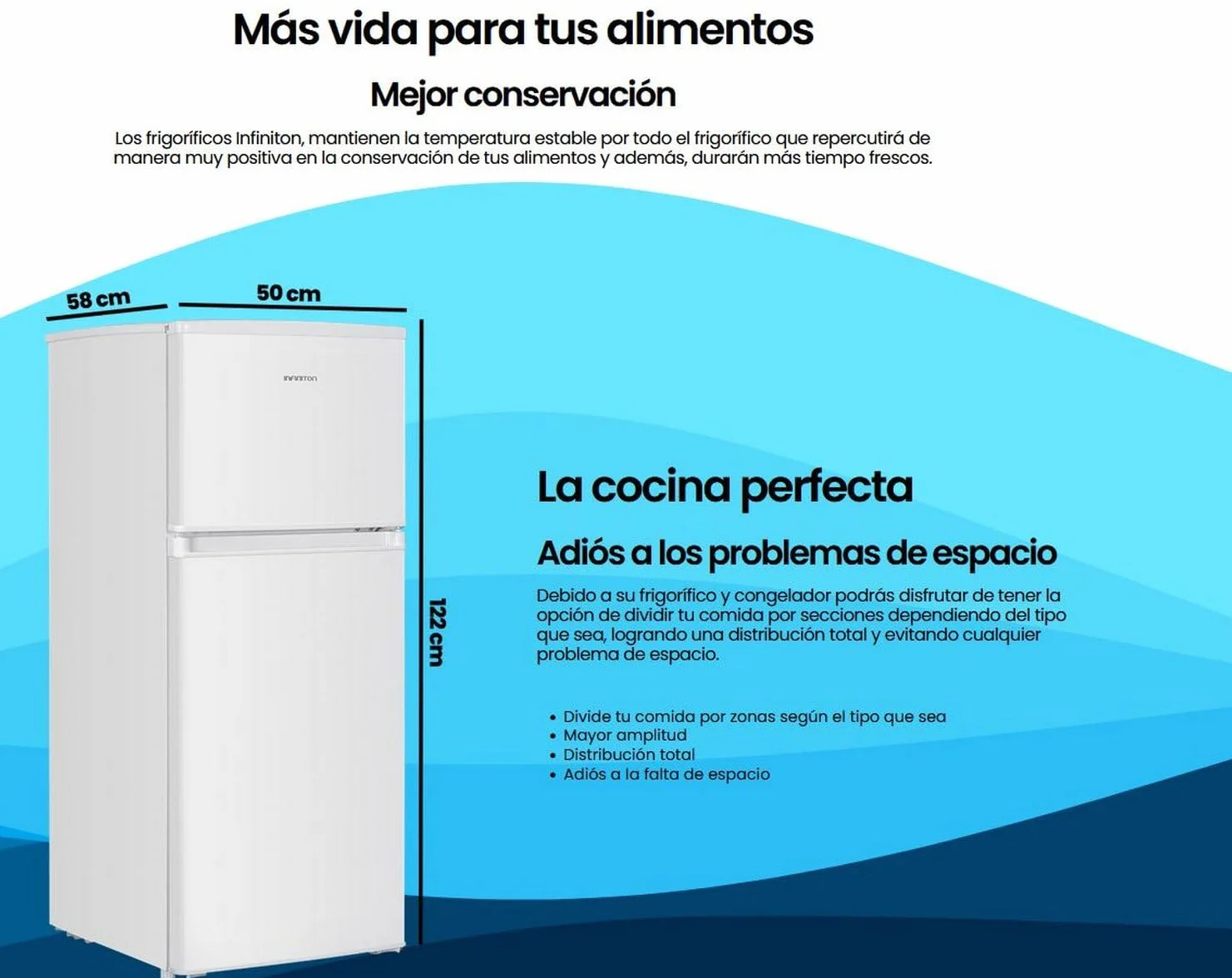 Frigorifico Dos Puertas Infiniton FG-151D12BEV, 151 Litros, 122 cm de Altura, Ancho de 50 cm, Ciclico, LED Interior, Regulación en altura, E, Blanco