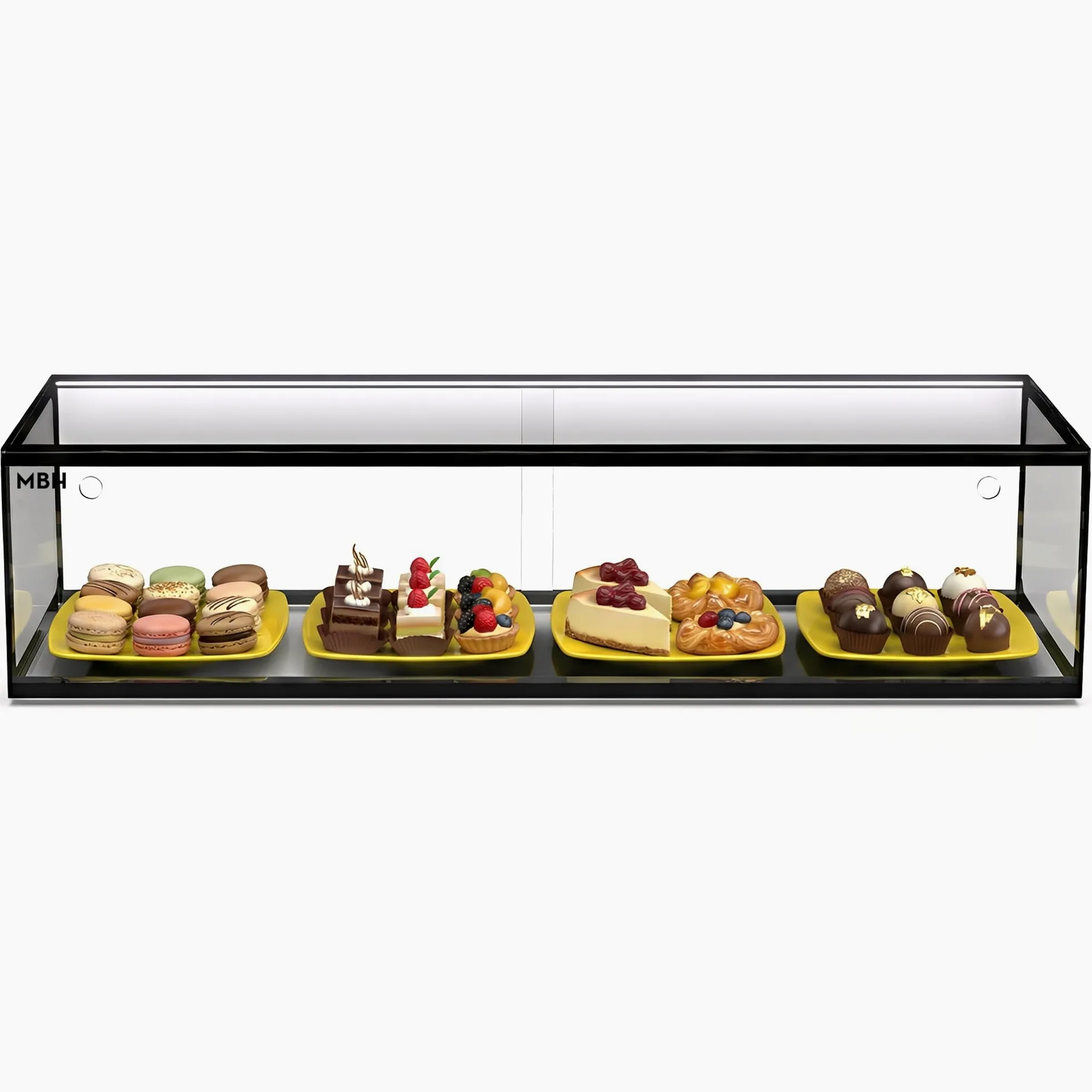 MBH - Vitrina Expositora Neutra de Sobremostrador 92x33 cm, Cristal Recto Templado, 1 Piso, con Iluminación LED, Puertas Traseras Correderas, para Bar, Cafetería, Restaurante, Bollería y Repostería.