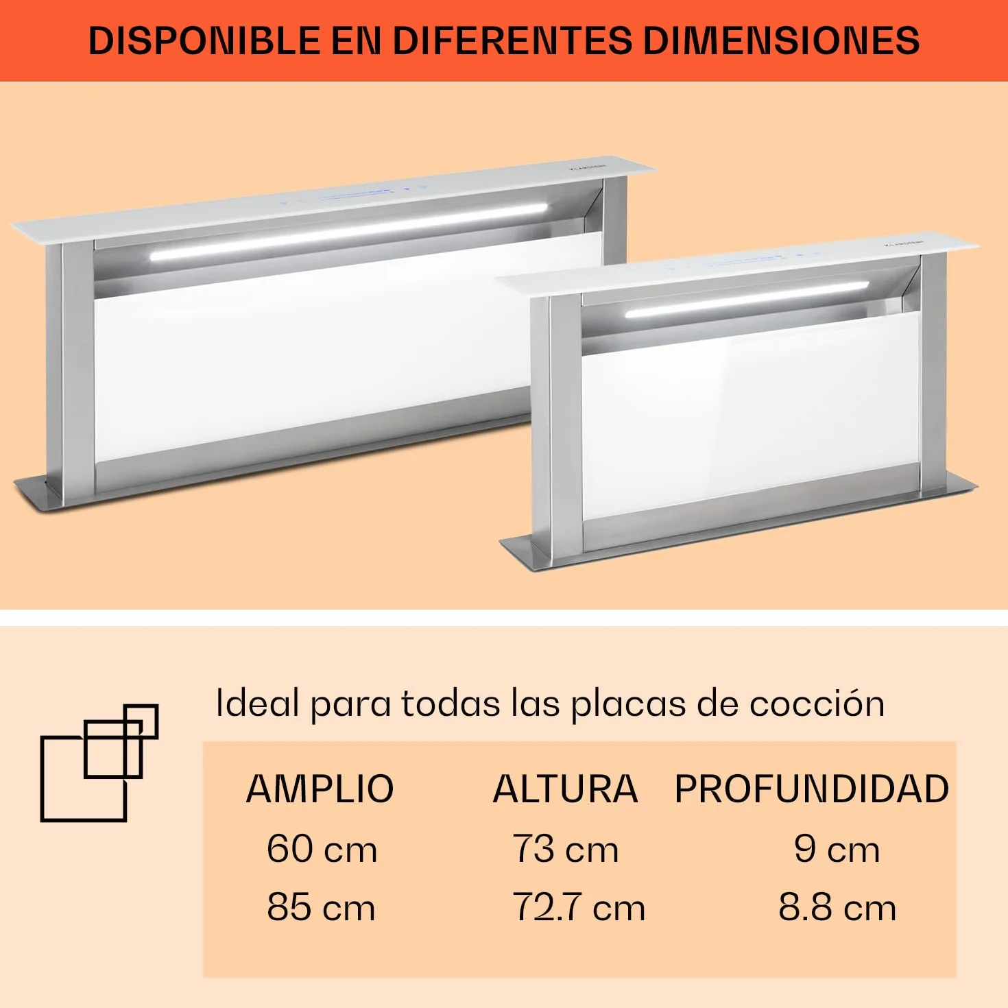 Klarstein Royal Flush Eco 60cm - Campana extractora retráctil, 576 m³/h, Touch-To-Slide, LED, eficiencia energética A++, acero inoxidable y cristal, recirculación/extracción de aire