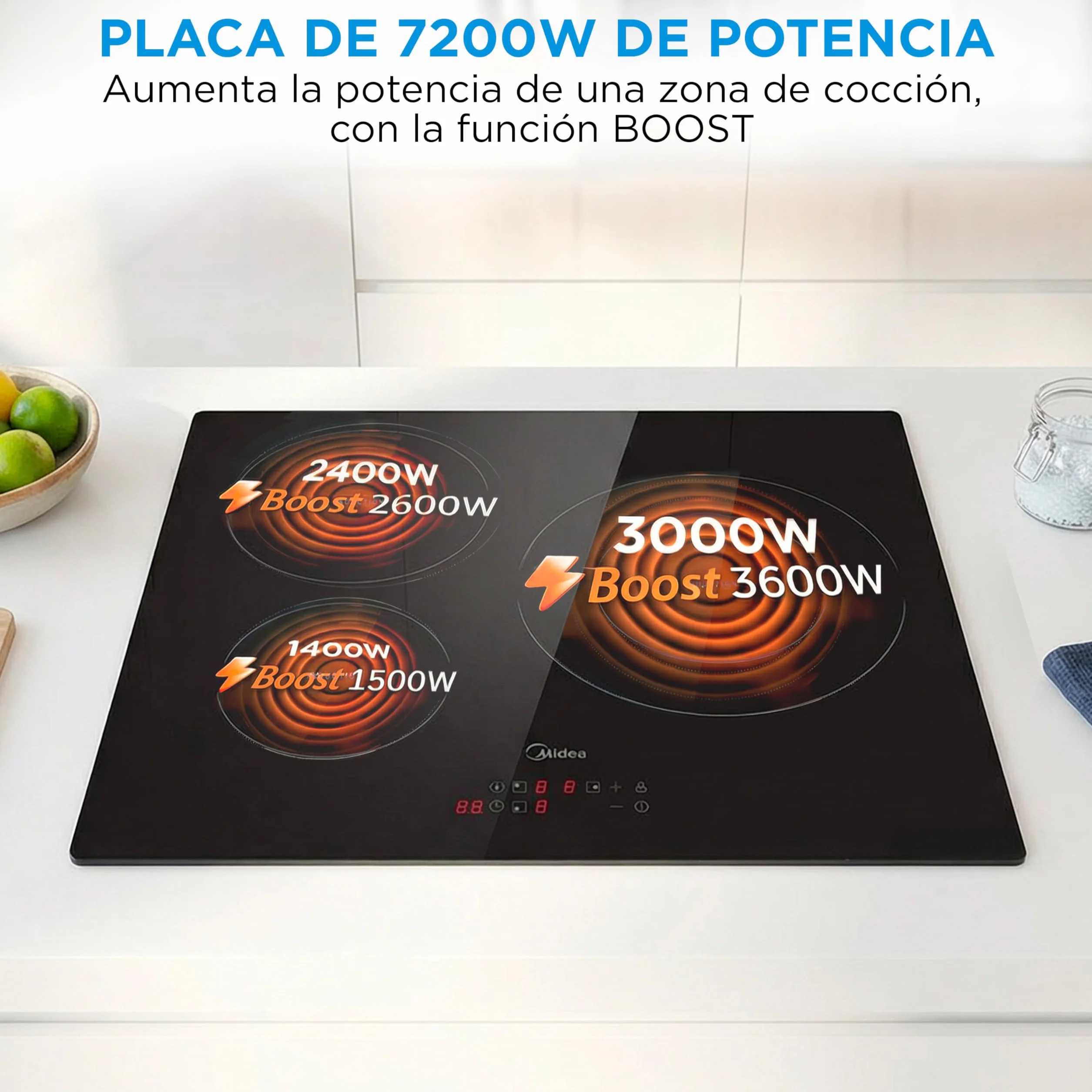 MIDEA Placa Inducción 3 fuegos 60 cm 7200 W - Vitroceramica Induccion Integrada con Panel de control tactil, Inverter quattro, 9 Niveles de Potencia, Booster, Indicador de Luz, y Temporizador.