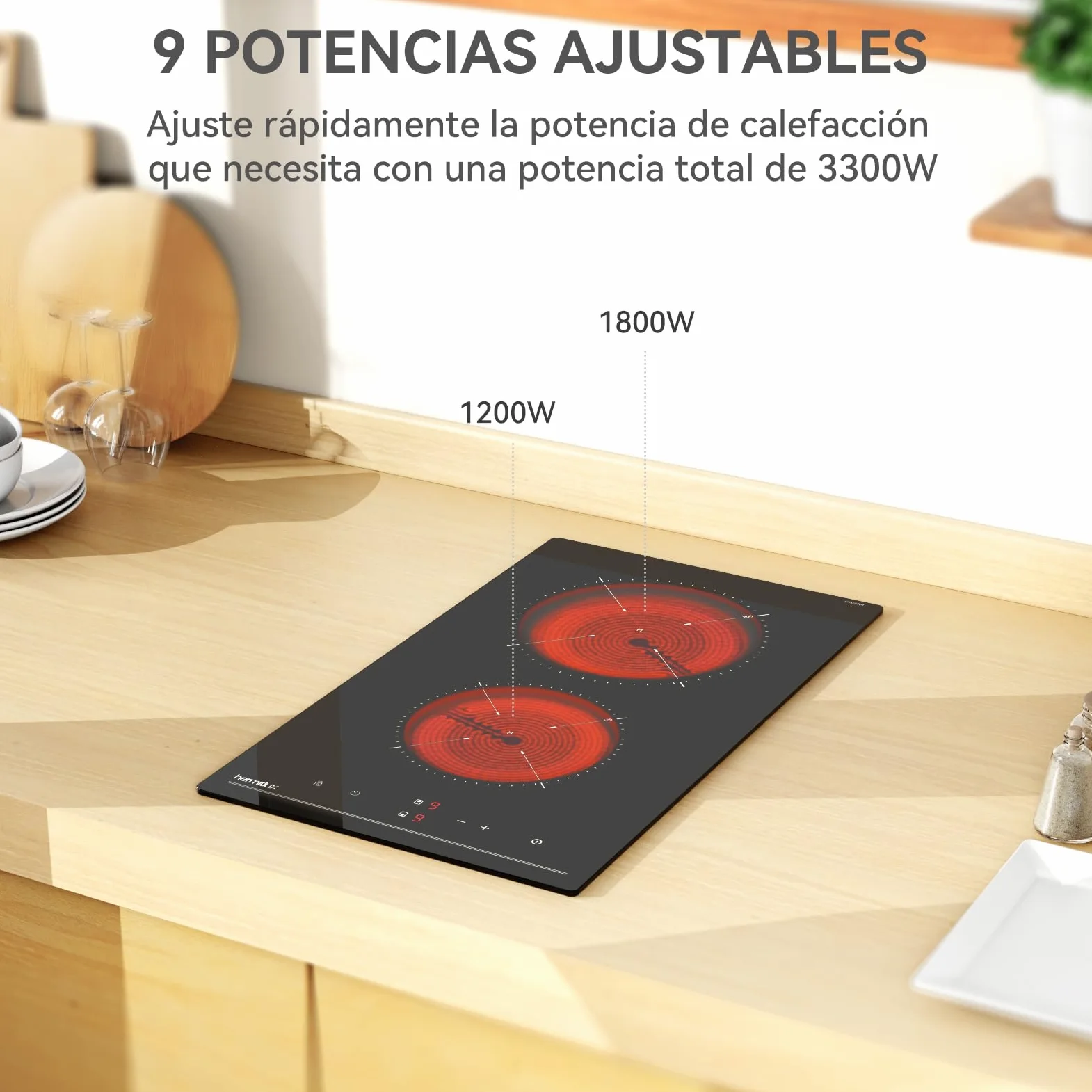 Hermitlux placa vitrocerámica 2 fuegos Compatible con Todos Utensilios | 3300W,30CM 9 niveles de potencia, control táctil, temporizador, seguro para niños, apta para todo tipo de sartenes