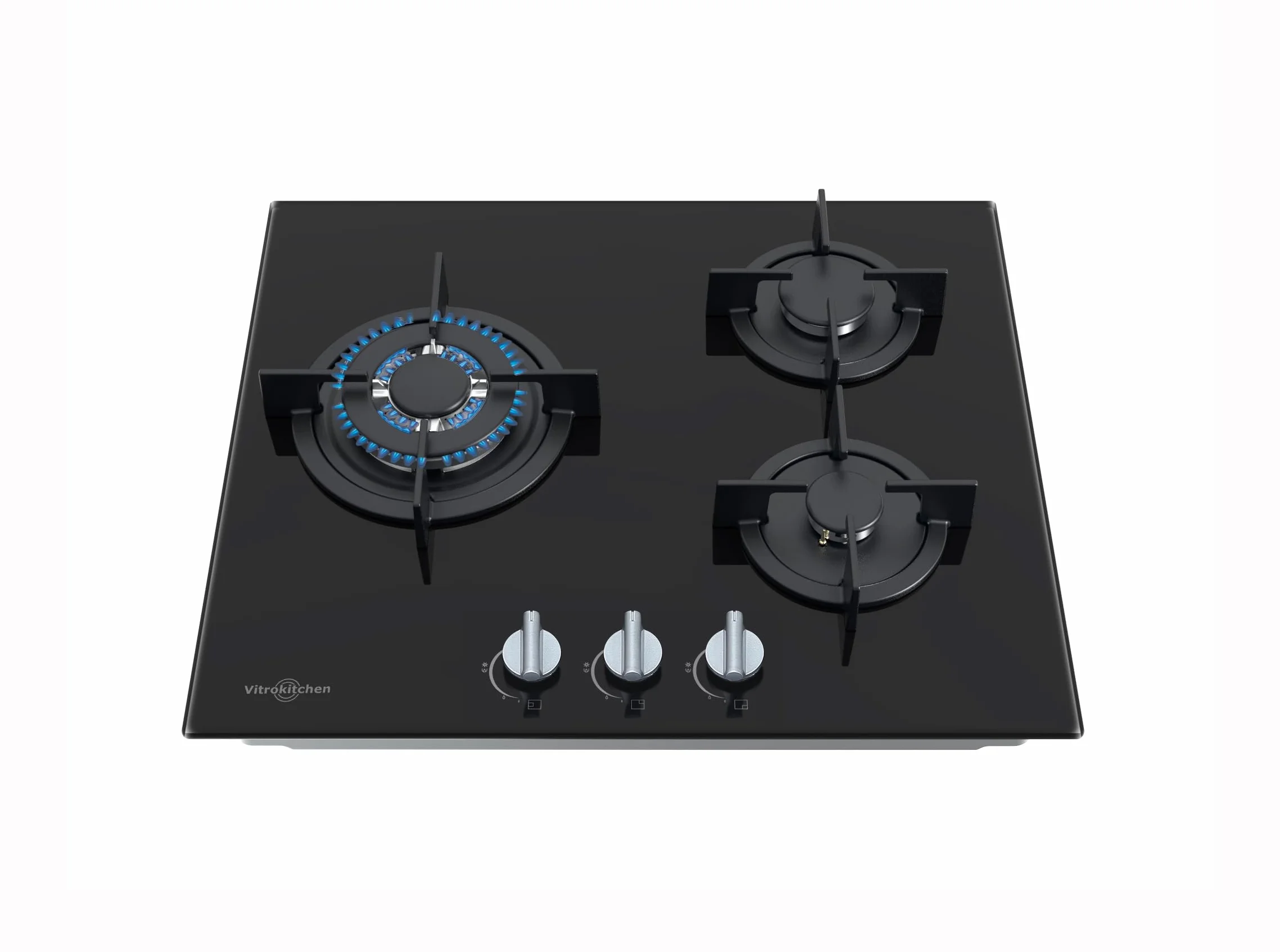 Vitrokitchen CG605NB - Placa Cristal Gas Butano 3 fuegos con encendido electrónico, seguridad Gas-Stop, 60cm