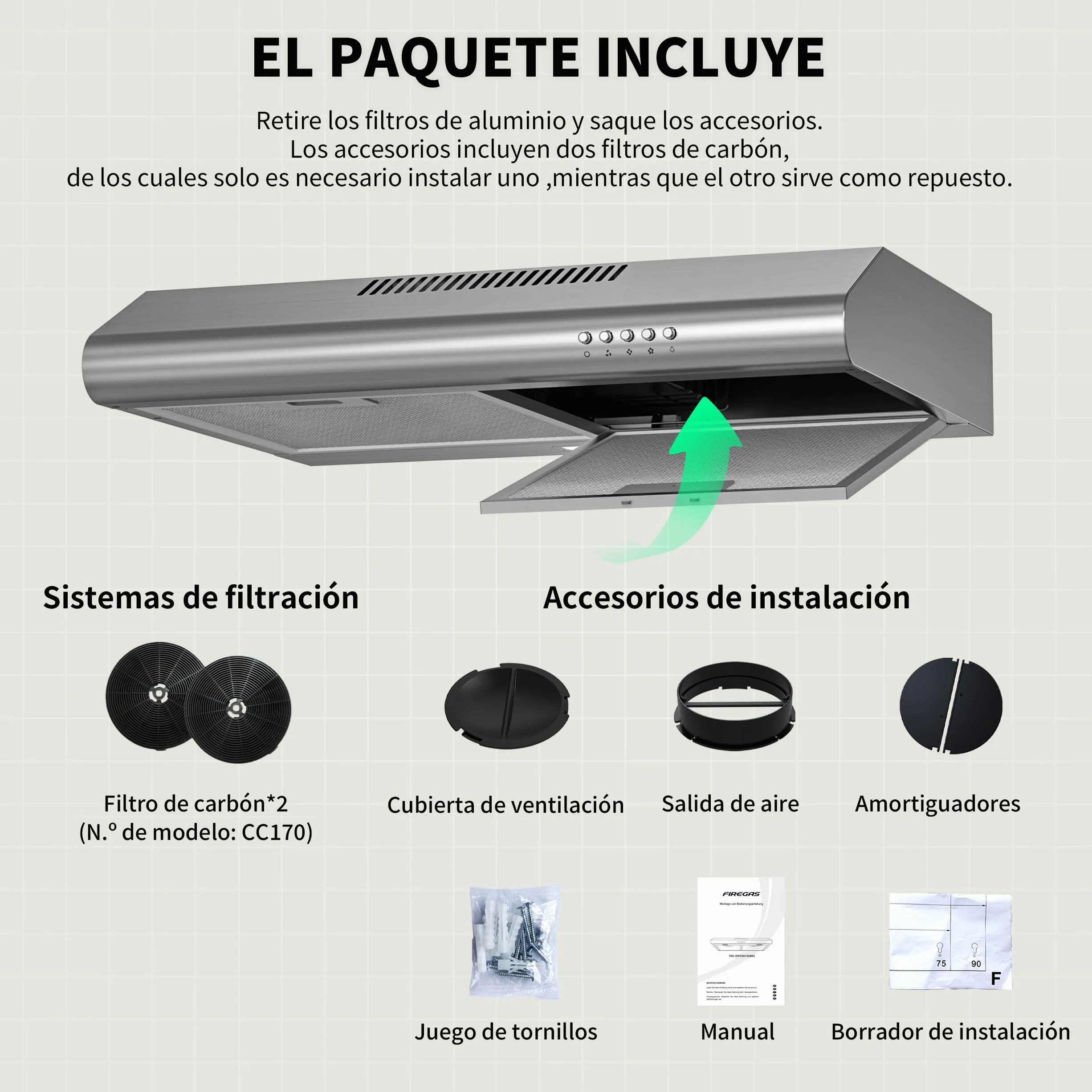 FIREGAS Campana Extractora 60 cm de Acero Inoxidable, 250 m³/h, Motor sin Escobillas, Clase A+, 3 Velocidades, LED 2 W, Extracción o Recirculación