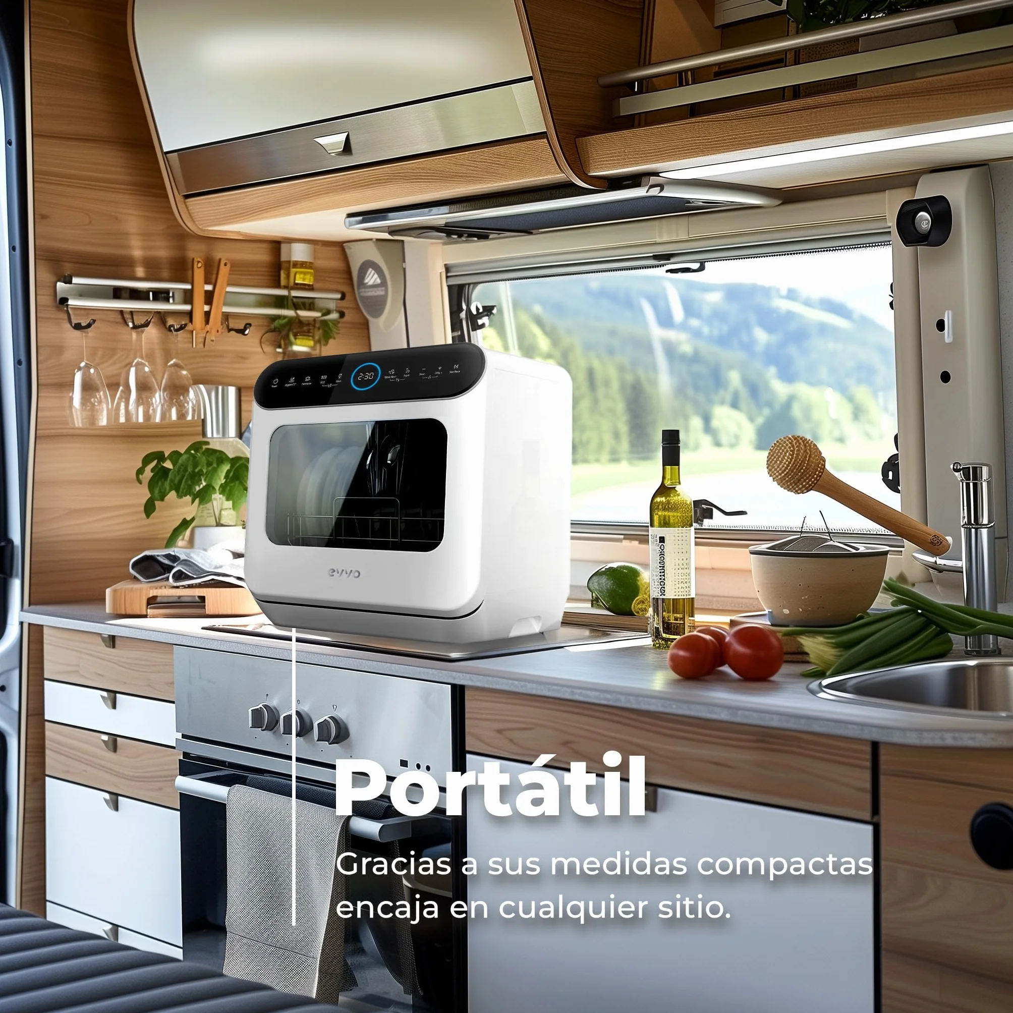 EVVO Lavavajillas Tamaño Pequeño Compacto y Sin Instalación, Para Sobremesa o Encimera, 3 Servicios, 6 Pogramas, Secado Extra, Programa ECO, Programa Autolavado, Programable, Mini D Trip 2 (Blanco)