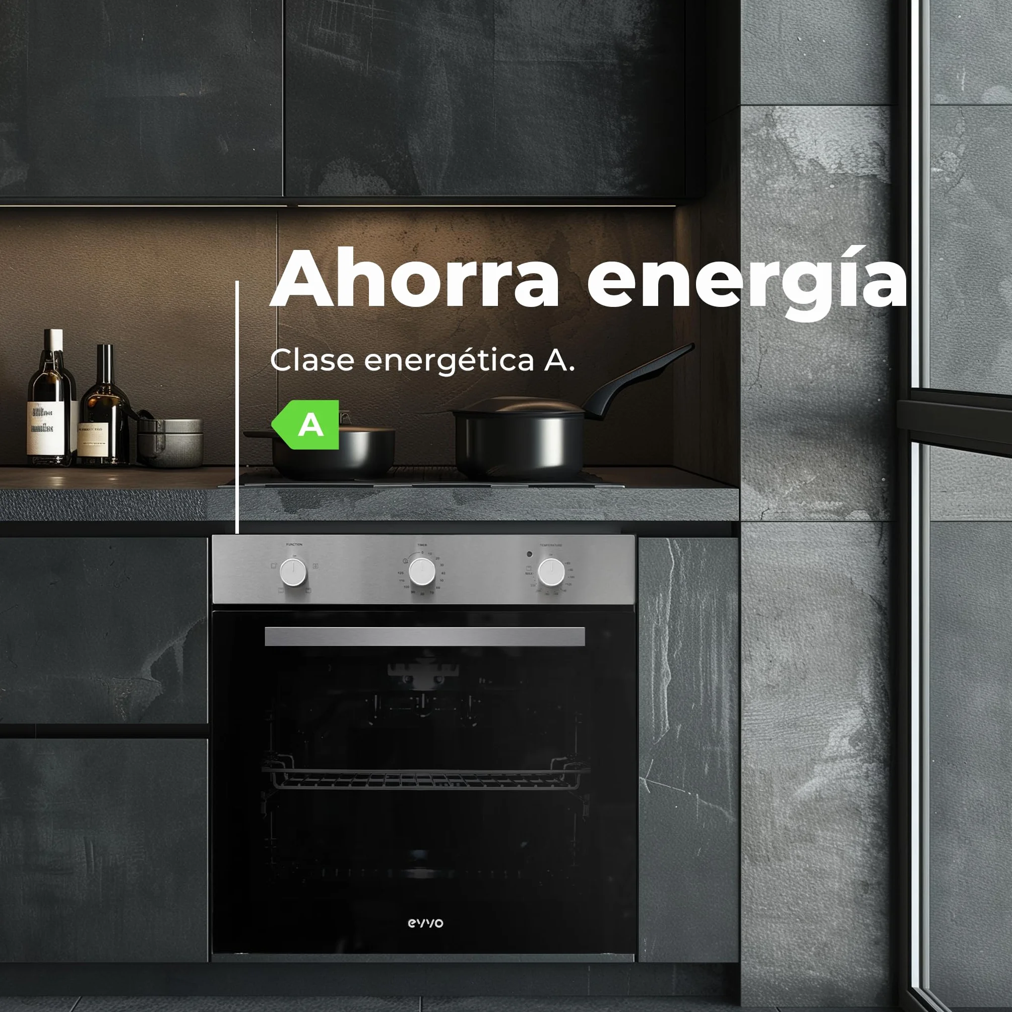 EVVO H10 Inox - Horno Eléctrico Empotrable de 72L, Eficiencia Energética A, 4 Programas de Cocción con Grill, Puerta de Triple Acristalamiento y Temporizador. Horno Inox de Encastre para Cocina