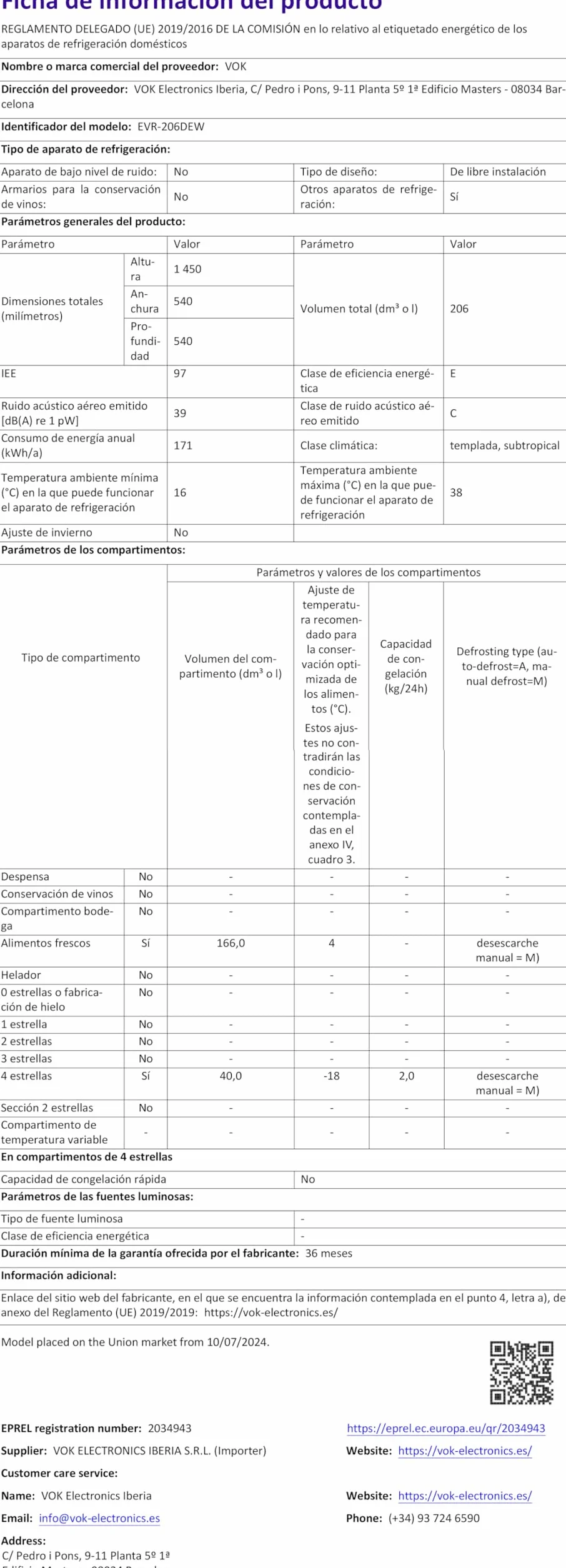 VOK Frigorífico Combi 2 Puertas EVR-206DEW 206L, Al 145cm x An 54cm, Clase E, Puertas Reversibles, Bajo Nivel Sonoro 39 dB, Estantes de Cristal, Blanco
