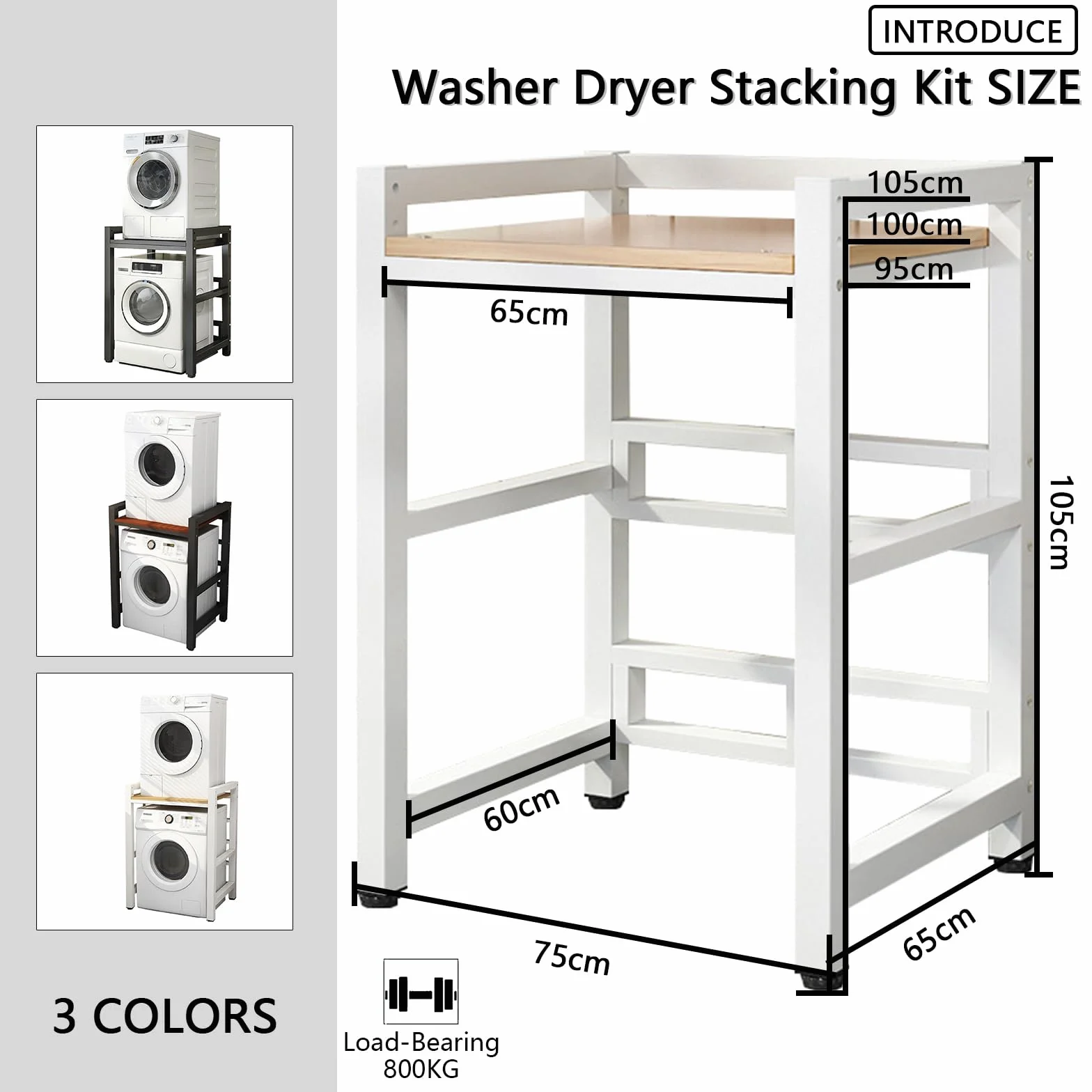 Soportes para lavadoras-secadoras Soporte de Carga 800Kg, Ajustable en Altura de 3 Niveles Mueble Para Lavadora y Secadora, Tubo Cuadrado de 1mm Espesor Estanterías para baño (BLACK, 75x65x105cm)