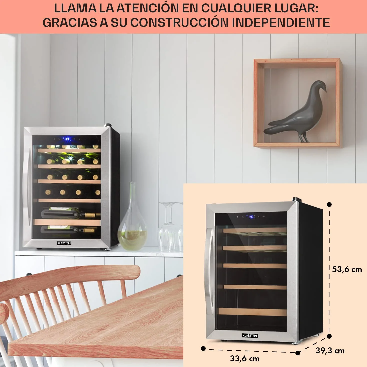 KLARSTEIN Vinoteca 19 Botellas, Nevera Vinos, Una Zona de Refrigeración, Nevera Expositora Vino y Cerveza, Vinoteca Interior y Exterior con Puerta de Cristal, Nevera Vino con Protección UV, 4-18°C
