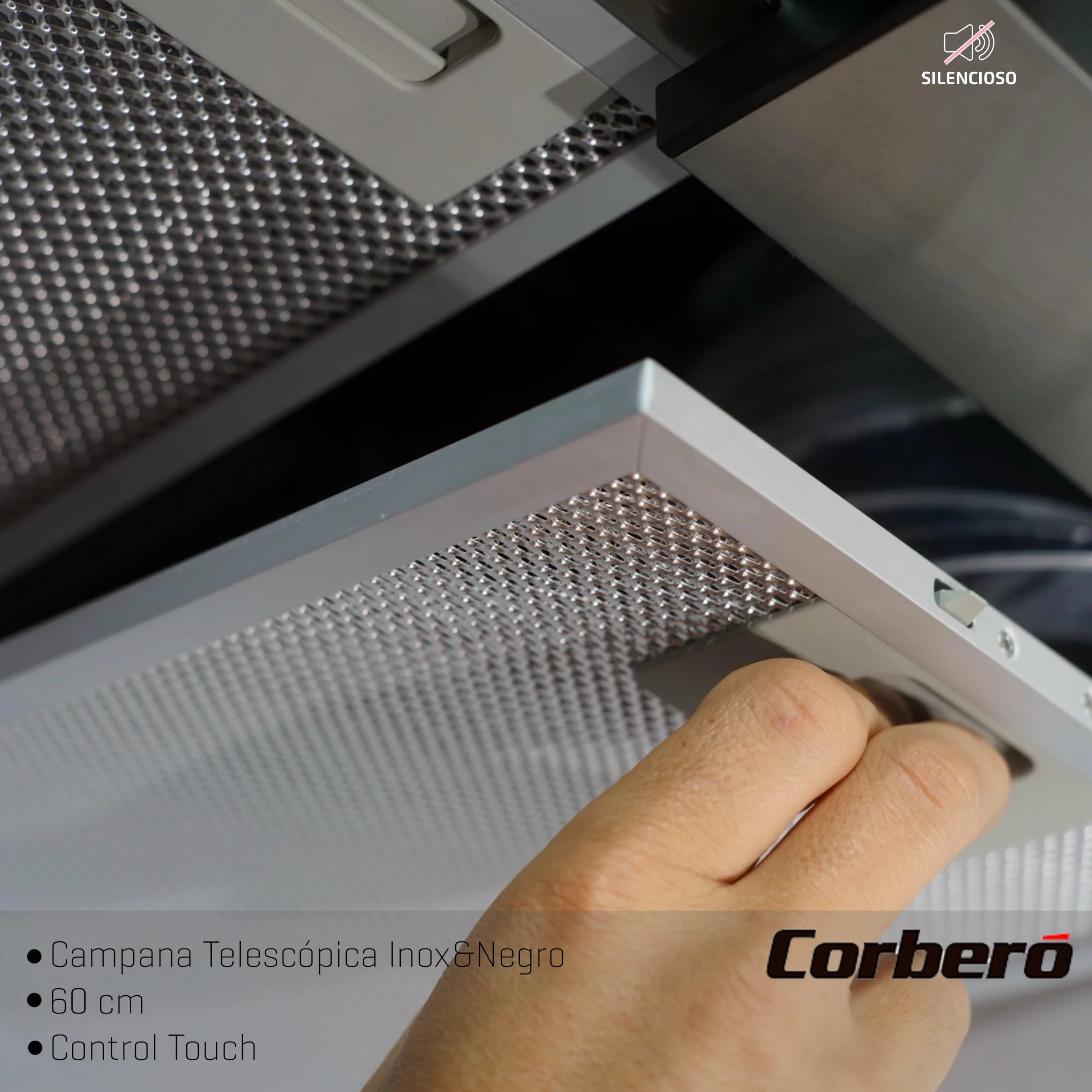 Corberó - Campana Extractora Telescópica 60 cm | MAKALU640X | 372.5 m3/h | 65db | 71.5W | 3 Velocidades | Luz LED | 2 Filtros Aluminio+ Filtro Carbon | Inox-Negro