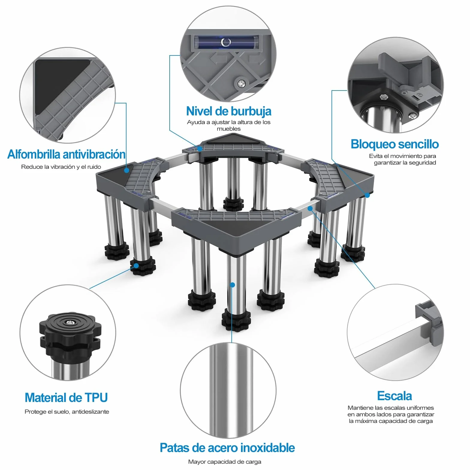DEWEL Base de Lavadora 12 Pies, Longitud Ajustable 43-57 CM, Altura 18-20 cm, Capacidad de Carga 500 KG Base de Lavadora Ajustable, Adecuada para Secadoras, Refrigeradores y Congeladores