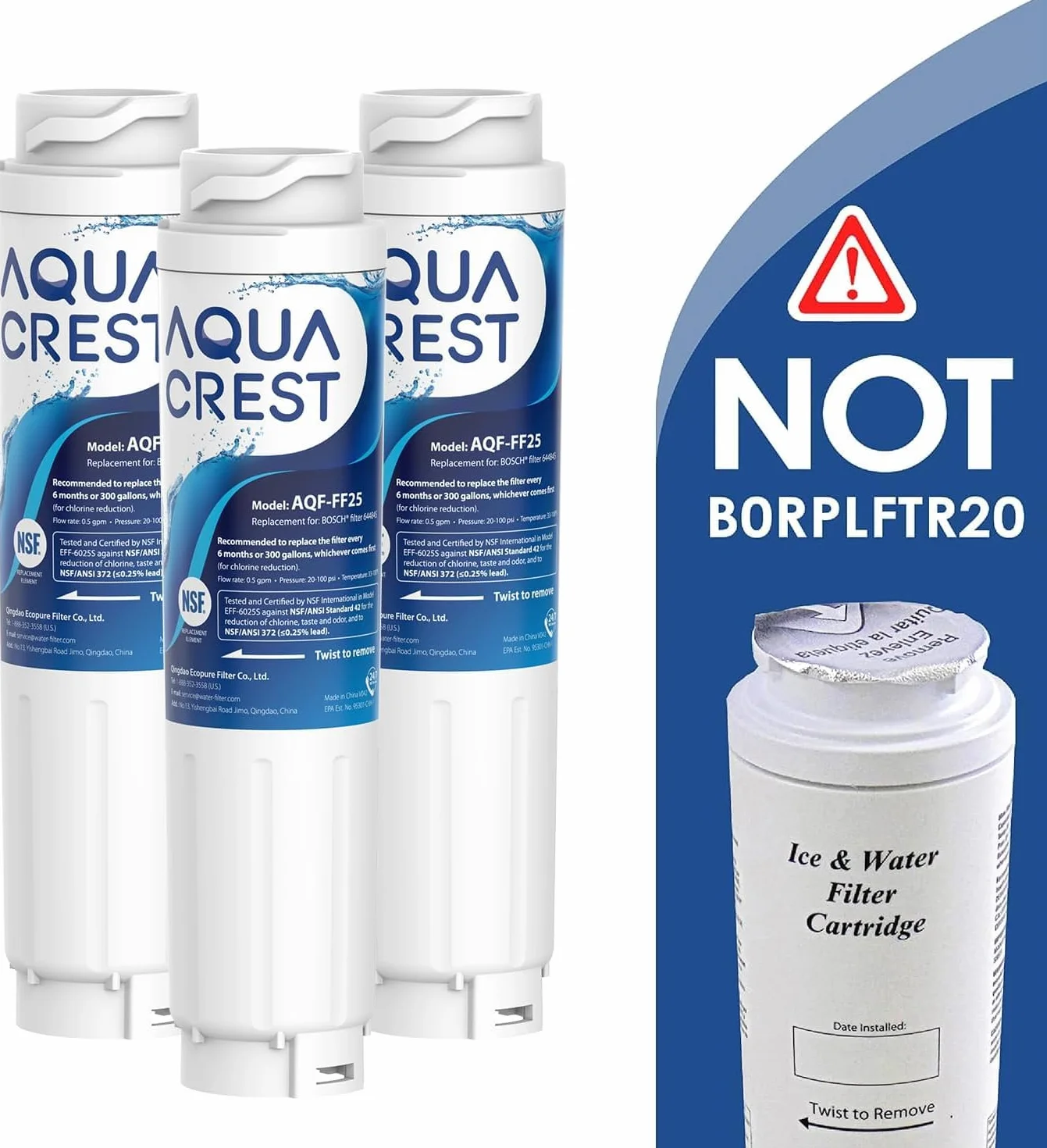 AQUACREST 644845 Filtros de Agua para Frigorífico, Compatible con Bosch UltraClarity 644845, 00740560, 740560, 00499850, 00649379, 9000194412, 9000077104, MIELE/Haier 0060820860, 0060218743 (3)