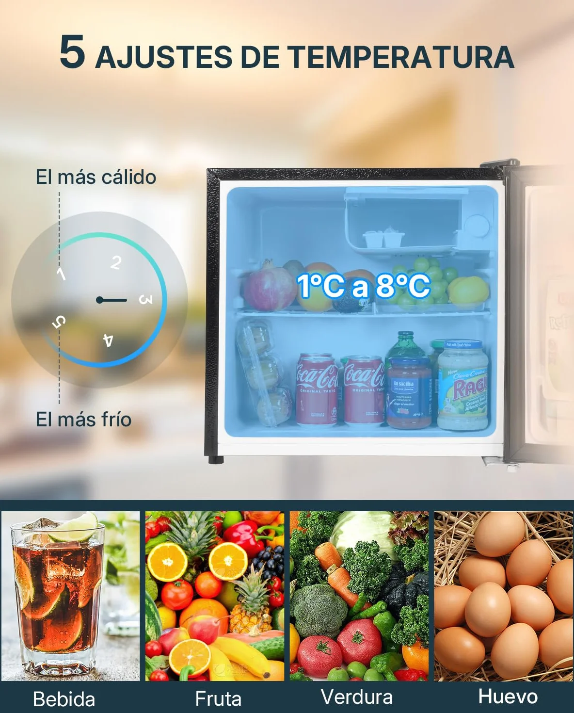 Upstreman 46L Mini Nevera con Congelador, 1℃-8℃ Termostato Ajustable, Ahorro de Energía, Silencioso, Minibar para Dormitorio, Oficina, Hotel, FR17- negro brillante