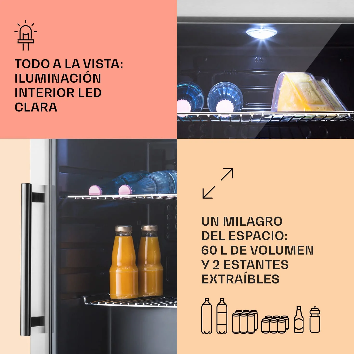 KLARSTEIN Nevera Pequeña Puerta Cristal Habitaciones, Nevera Portatil Electrica, Mini Nevera Pequeña para Bebidas, Frigorificos Pequeños 60L, Mini Frigorifico con Estantes, Neveras Pequeñas