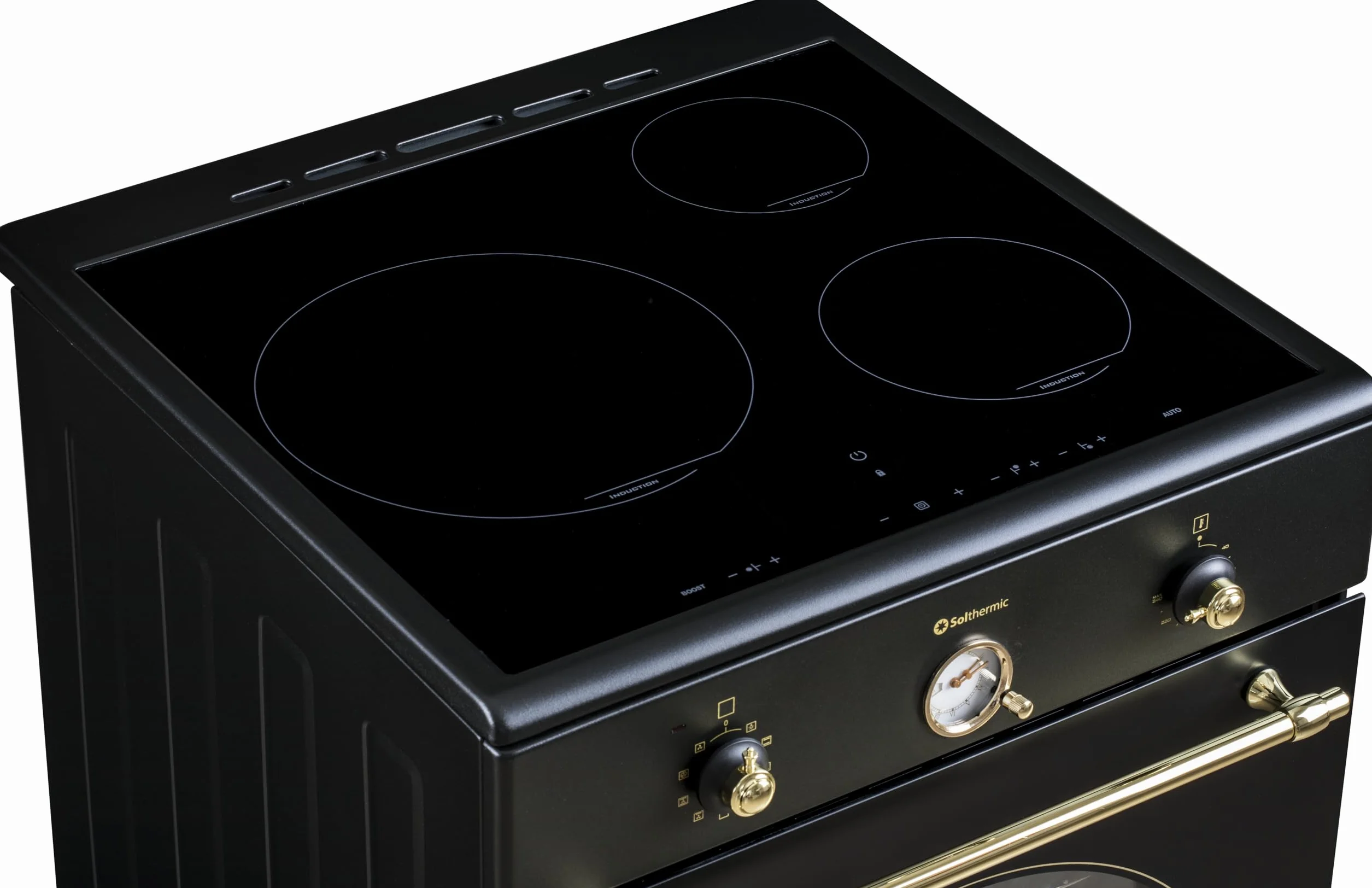 INDUCCION COCINA SOLTHERMIC 60x60 VTI60 NEGRA ACABADOS DORADOS/HORNO GRAN CAPACIDAD CON TURBO 60L / FUNCIONES BOOSTER, ALTA POTENCIA, CALENTAMIENTO RÁPIDO / 3 ZONAS (1 GRAN ZONA) / BAJO CONSUMO (A)