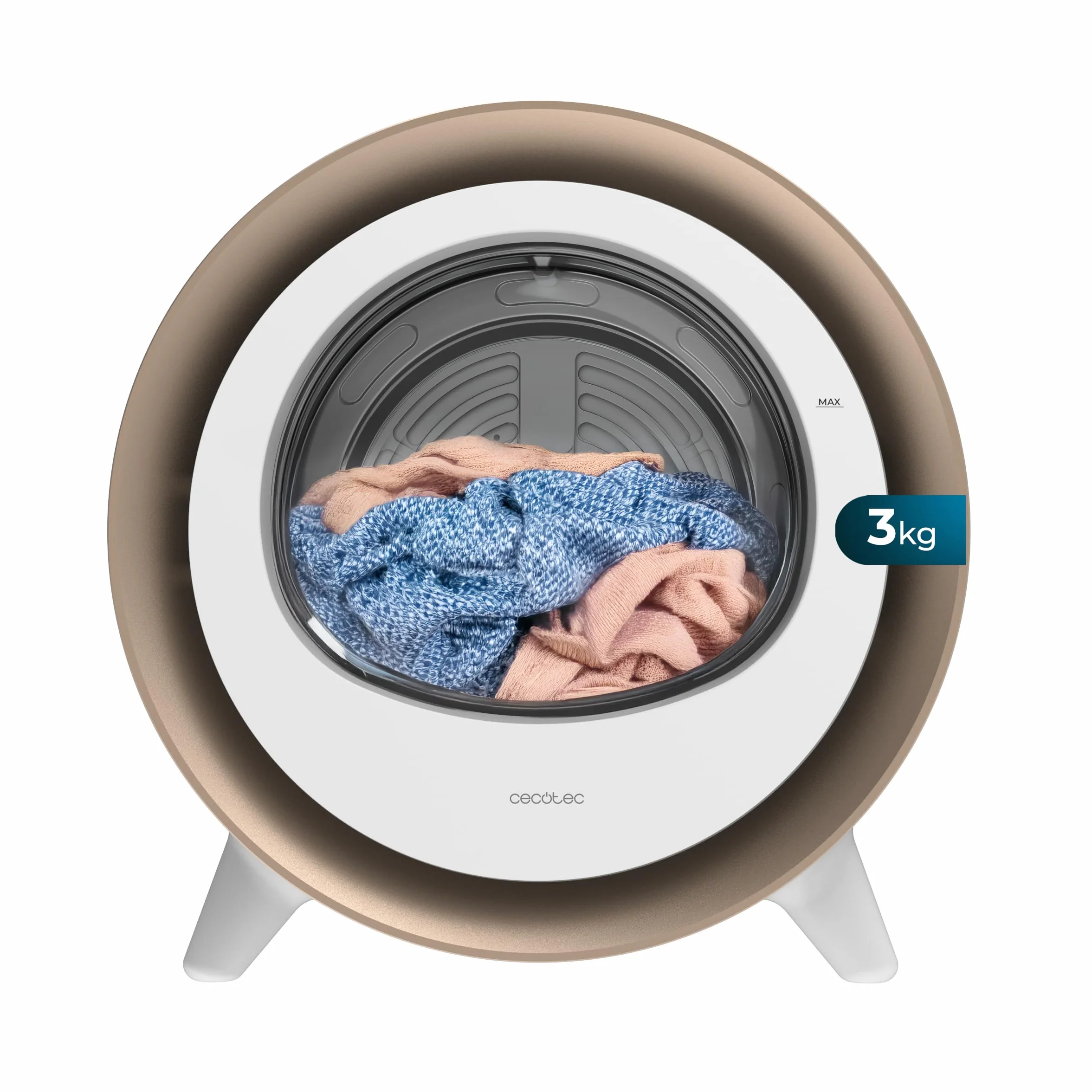 Cecotec Secadora Compacta Evacuación 3Kg Bolero DressCode Dry 3500V Gold. 8 Programas, Secado Automático Inteligente, Control Touch, Función UV Care, Tambor Inox, Antiarrugas, Blanco y Oro Cromado