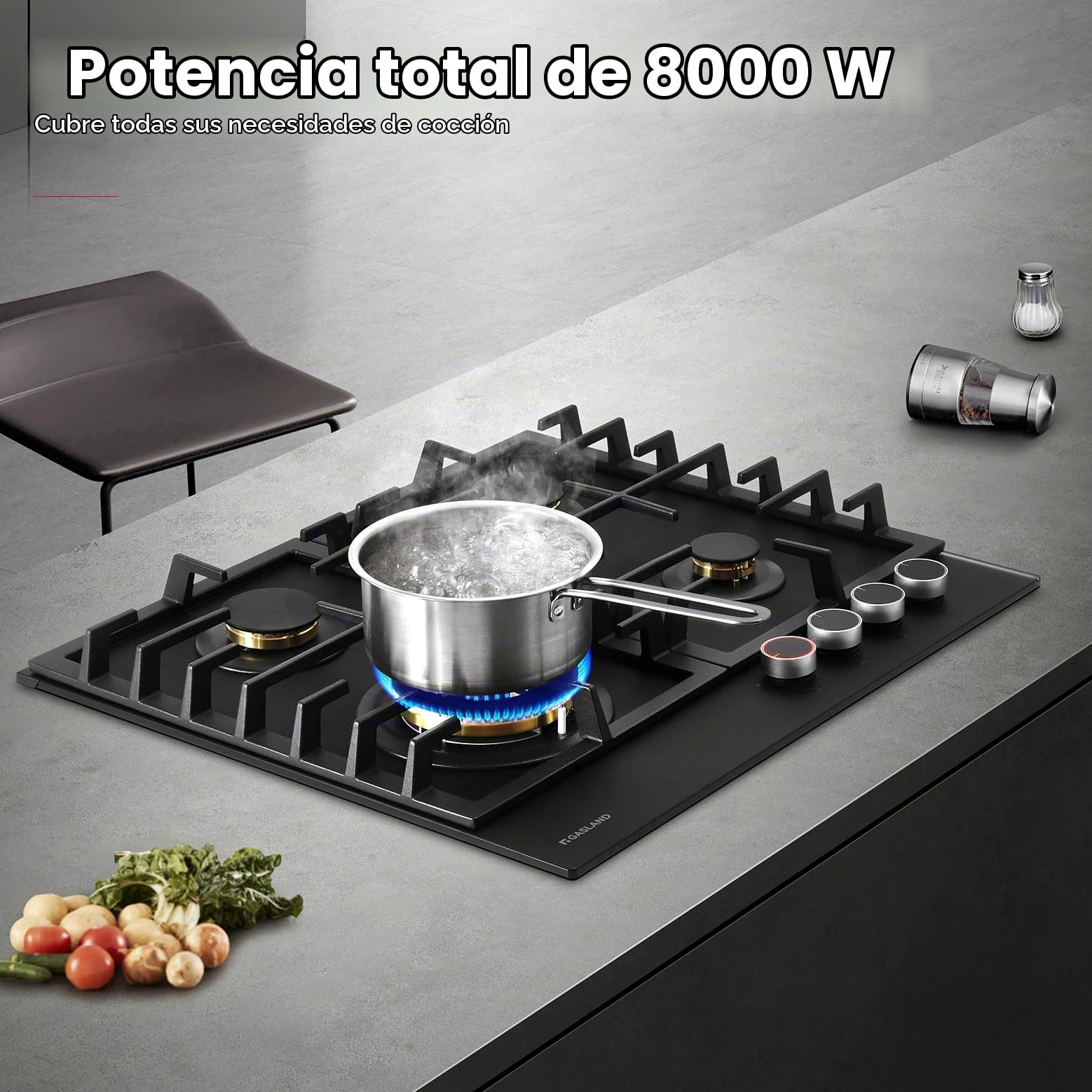 GASLAND PRO GH2604BG1FC - Placa de cocción con 4 luces de cristal, mesa de cocción con botones iluminados, 60 cm con quemadores de latón, compatible con Butano, 8000 W
