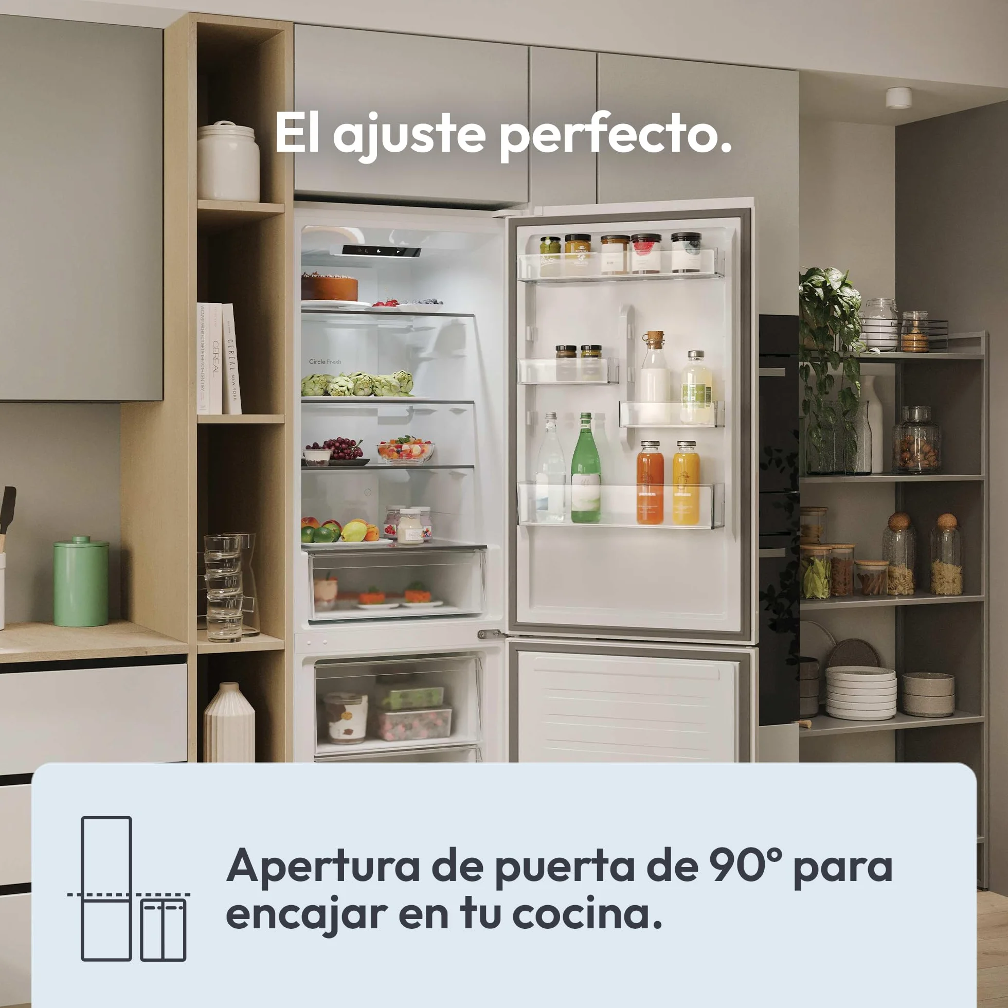 Candy Fresco 300 CNCQ2T618CW, Frigorífico Combi, Capacidad 355L, Total No Frost Circle+, Cajón Verdulero, Control Electrónico de temperatura, 60x185cm, Iluminación LED, Puerta Reversible, 38DB, Blanco