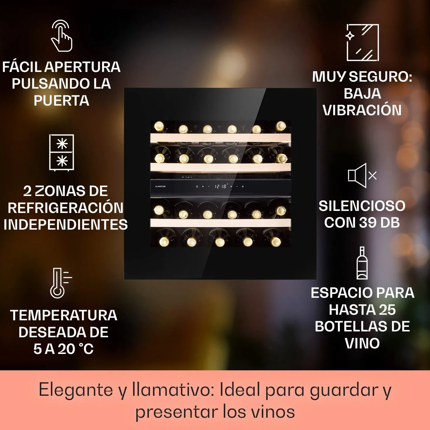 Klarstein Vinoteca de Pie, Nevera para Vinos de Dos Zonas Refrigeración, Nevera para Cervezas Pequeña de Interior/Exterior Puerta de Cristal, Nevera Protección UV, 5-18°C, Botellero 25 Botellas