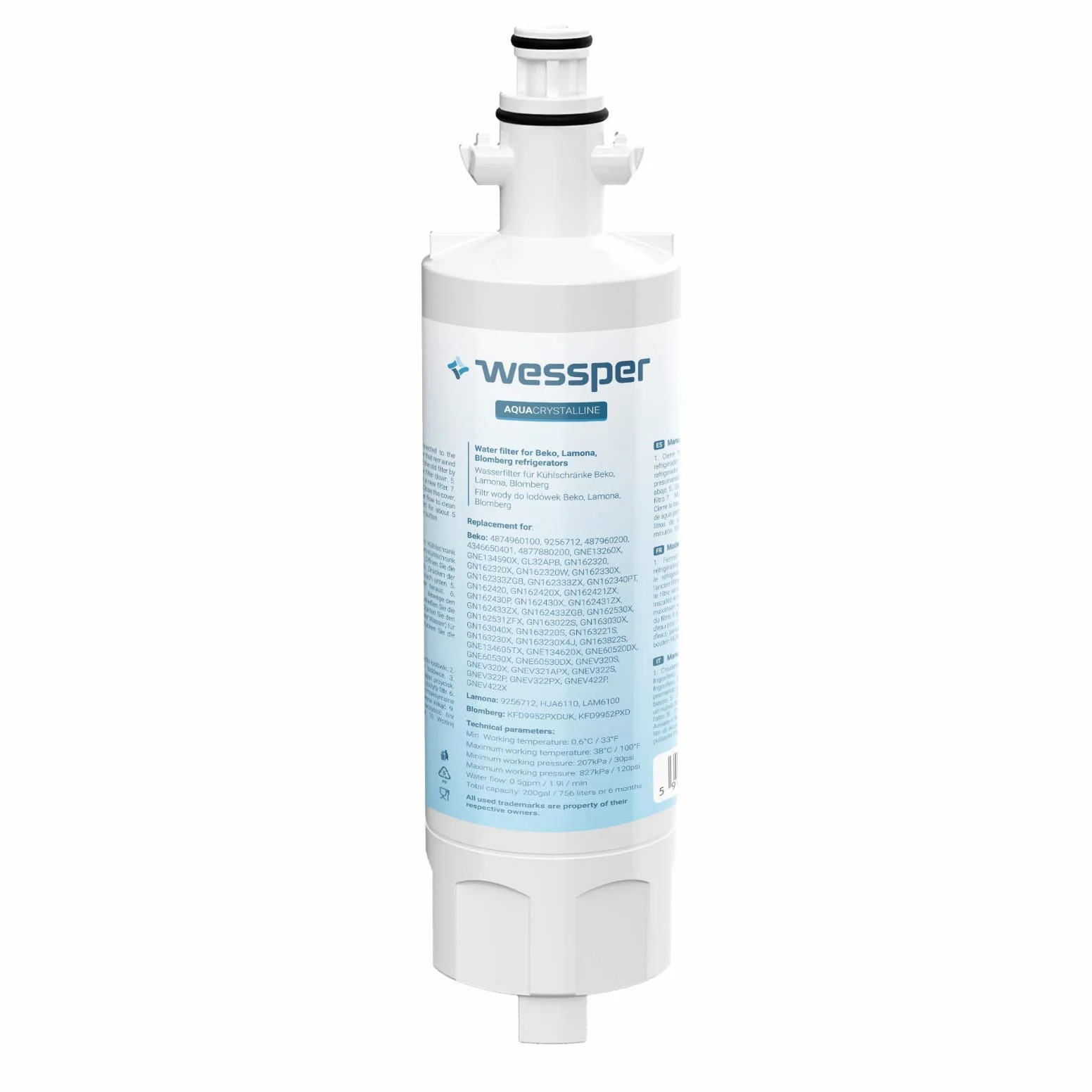 Wessper 3x 4874960100 Cartucho de Filtro de Agua para Nevera/frigorífico - Beko 4874960100, 4394650100, 9256712, SBS4K, GNE; Blomberg IWD1004ET; Grundig 487960000, GSN; Lamona LAM6100, HJA6110