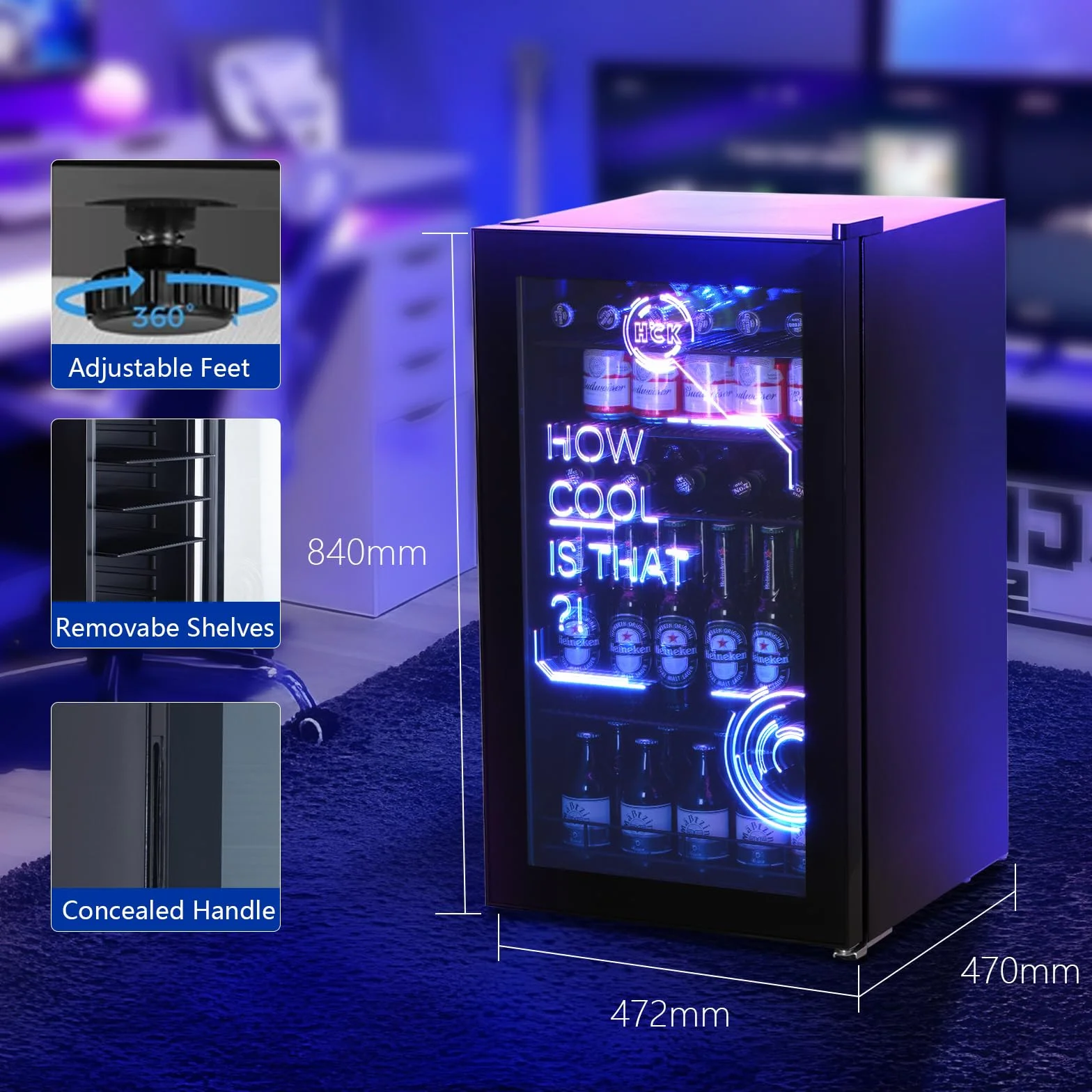HCK Nevera Pequeña 98L, Mini Nevera con Iluminación Moderna Cyberpunk, Frigorifico Puerta Cristal de 0 a 10°C, Para Sala de Juegos, Fiesta, Negro