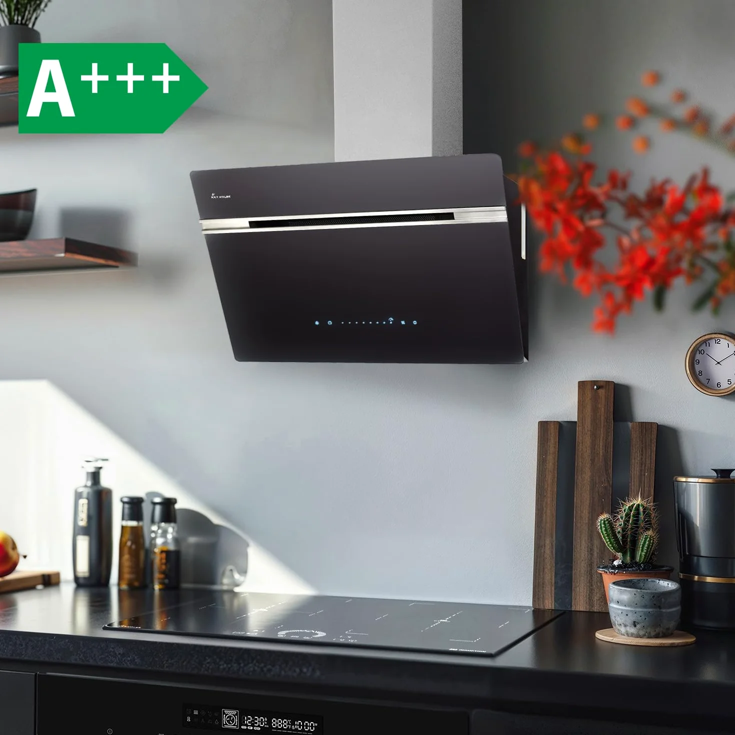 KKT KOLBE A+++ Campana extractora de 90 cm 782 cbm/h de recirculación, sin cabeza, campana de pared, color negro, plata, acero inoxidable, cristal, automática, aplicación WiFi inteligente, sensor