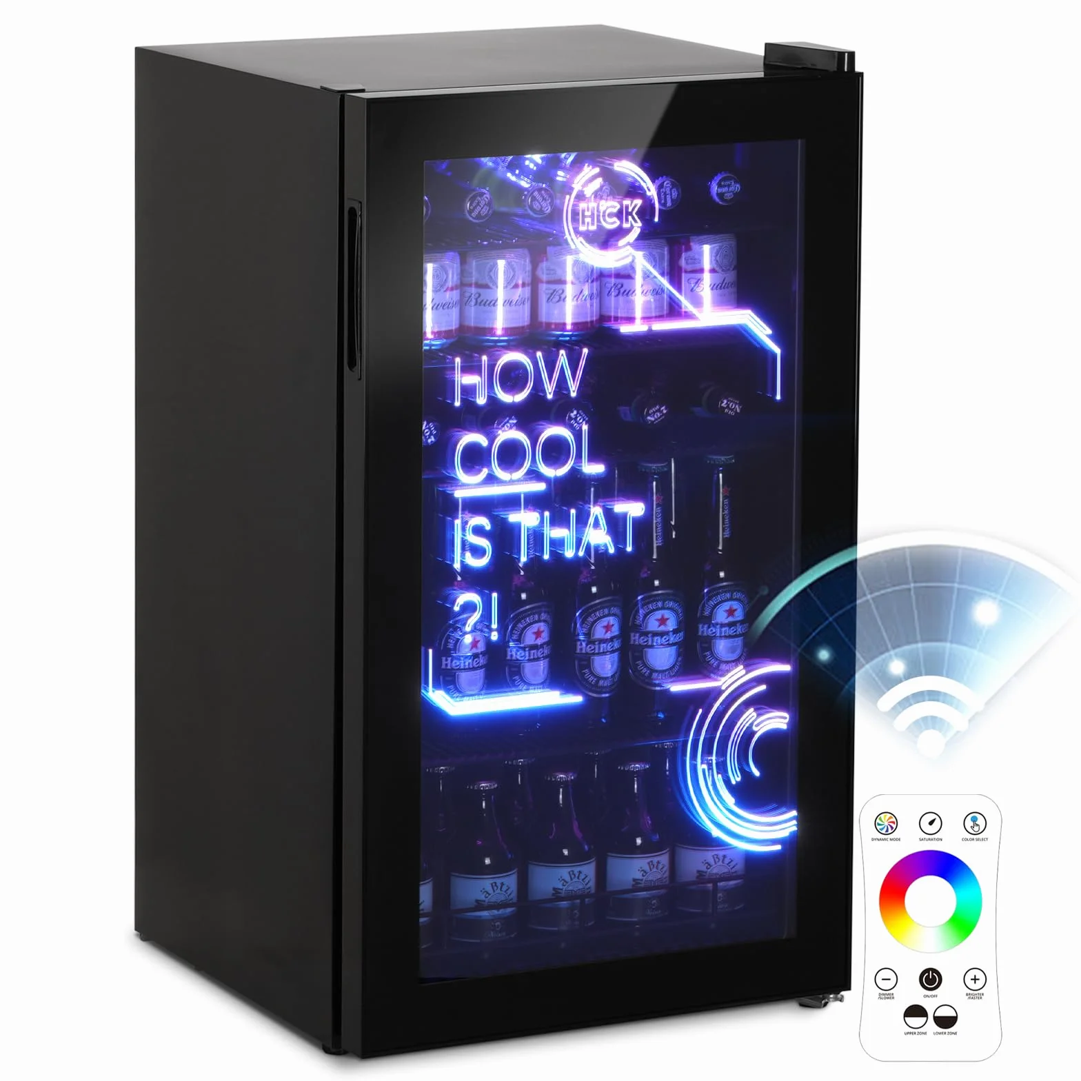 HCK Nevera Pequeña 98L, Mini Nevera con Iluminación Moderna Cyberpunk, Frigorifico Puerta Cristal de 0 a 10°C, Para Sala de Juegos, Fiesta, Negro