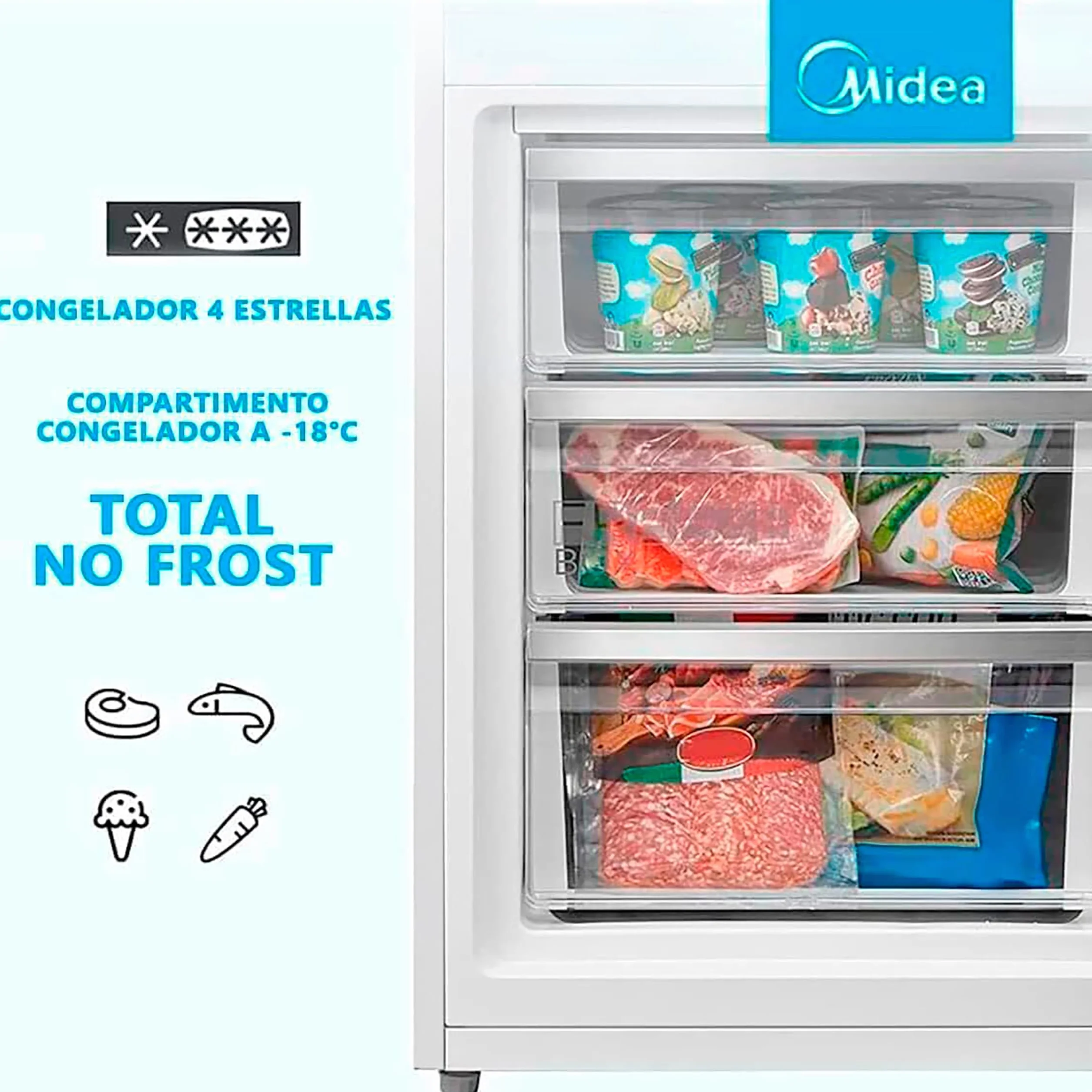 Midea Frigorifico Combi No Frost | 55 cm ancho x 180 cm | Inox | 270L de Capacidad - Nevera Libre Instalación con Congelador Vertical - Refrigerador de Bajo Consumo con Sistema Multi Air Flow
