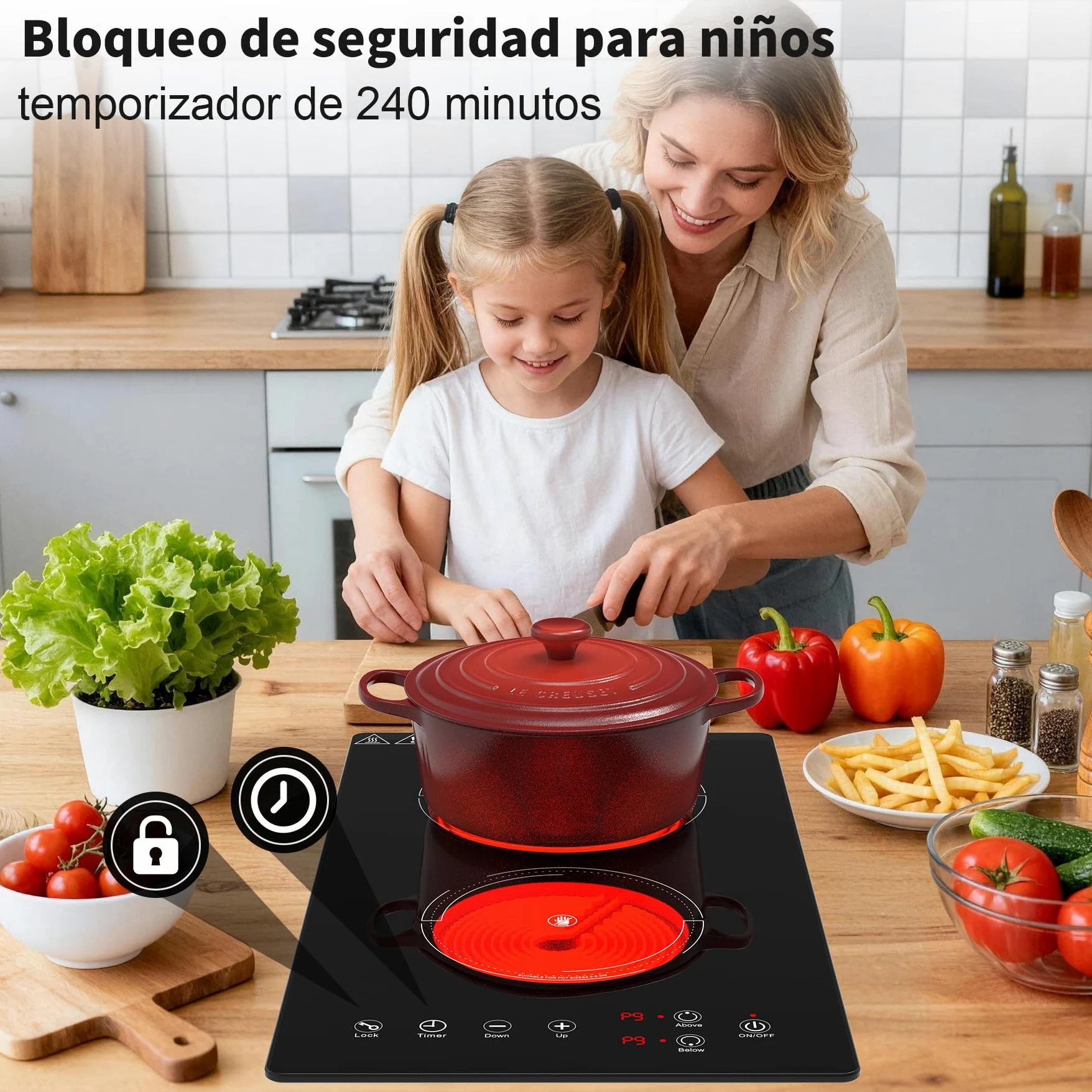 VBGK placa vitroceramica，220V 3000W placa de vitroceramica con control táctil LED, 9 niveles de potencia, bloqueo de seguridad infantil, temporizador de 4 horas y protección contra sobrecalentamiento.