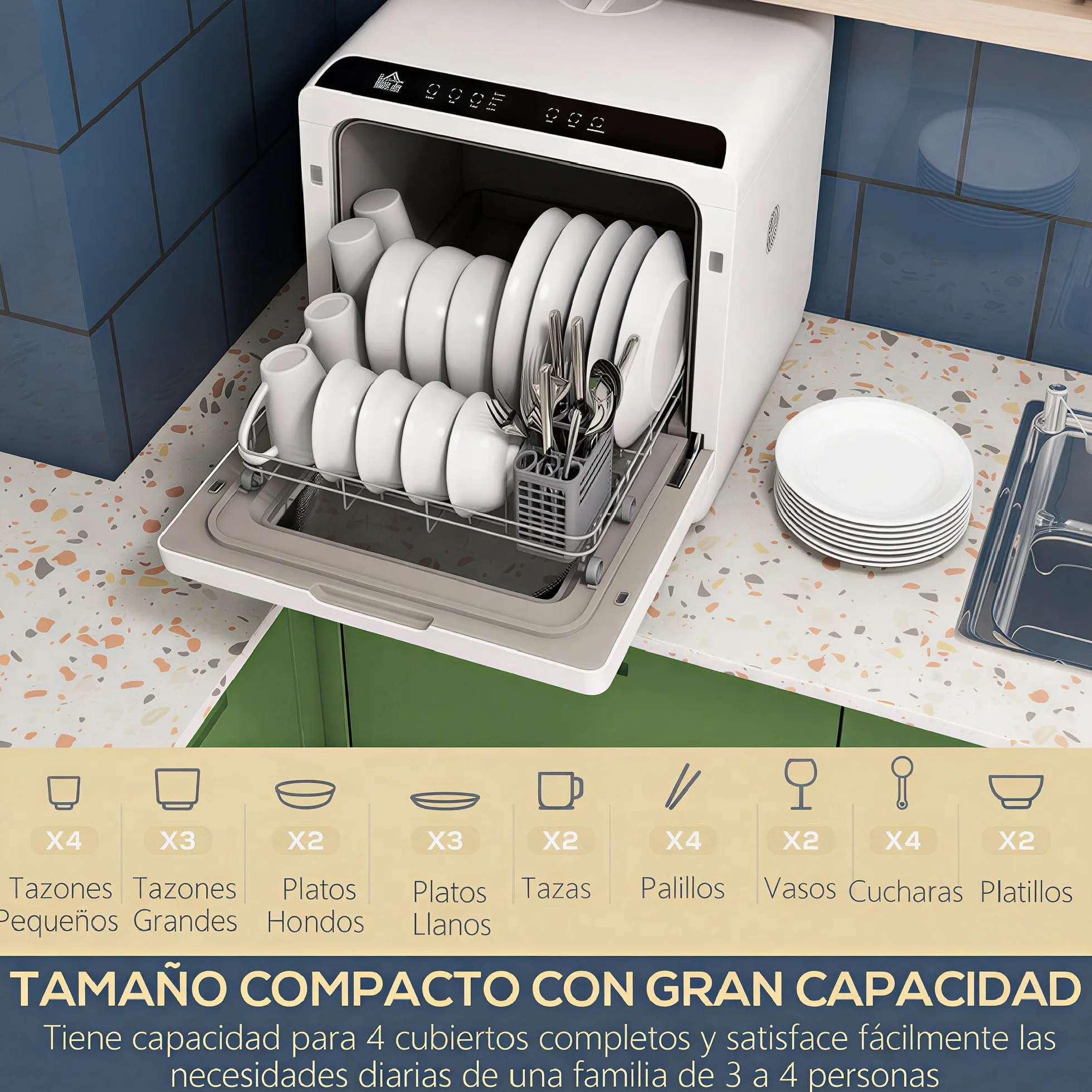 HOMCOM Lavavajillas de Encimera Pequeño con 5+1 Programas, ECO, Depósito de Agua 6L, Dos Modos de Suministro, Pantalla LED para Cocina y Apartamentos
