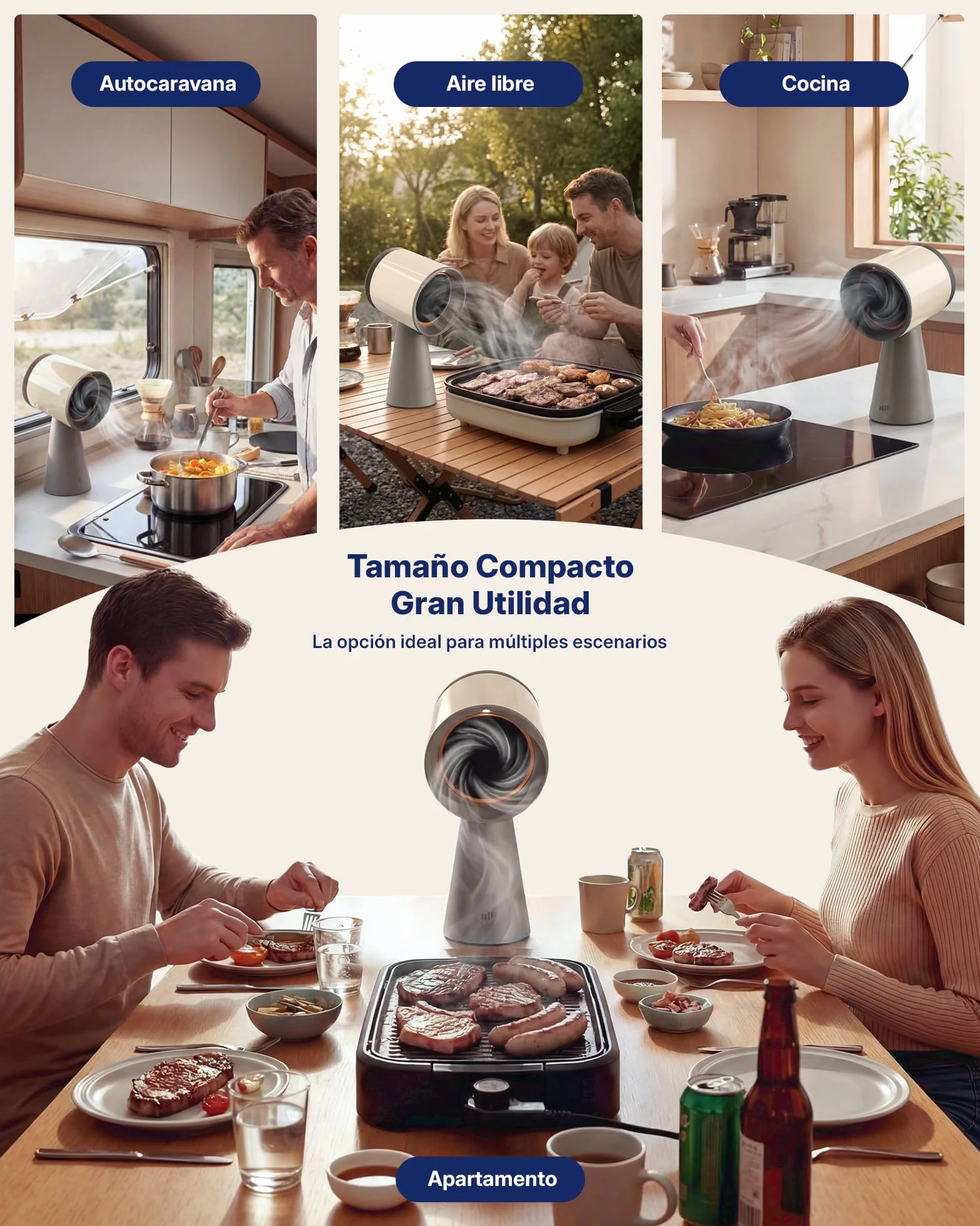 Upstreman Campana Extractora Portátil de Mesa con 3 Velocidades, Bajo Ruido, Recipiente Grande para Aceite y Filtro de Carbón de Aluminio Extraíble, Beige