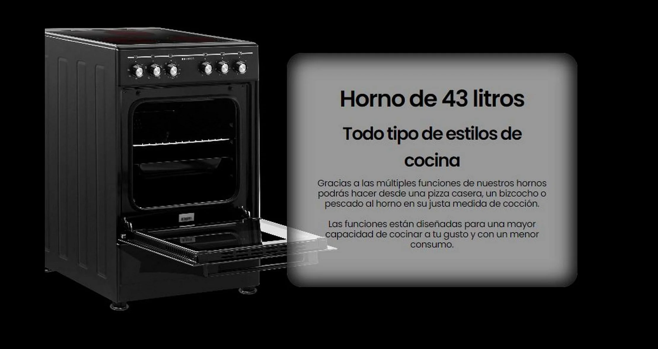 INFINITON Cocina con Horno CC-B550V3, Vitroceramica 3 Zonas, Horno Electrico 43 L, 6 Niveles de Potencia, Grill, Doble Acristalamiento, A, Negro