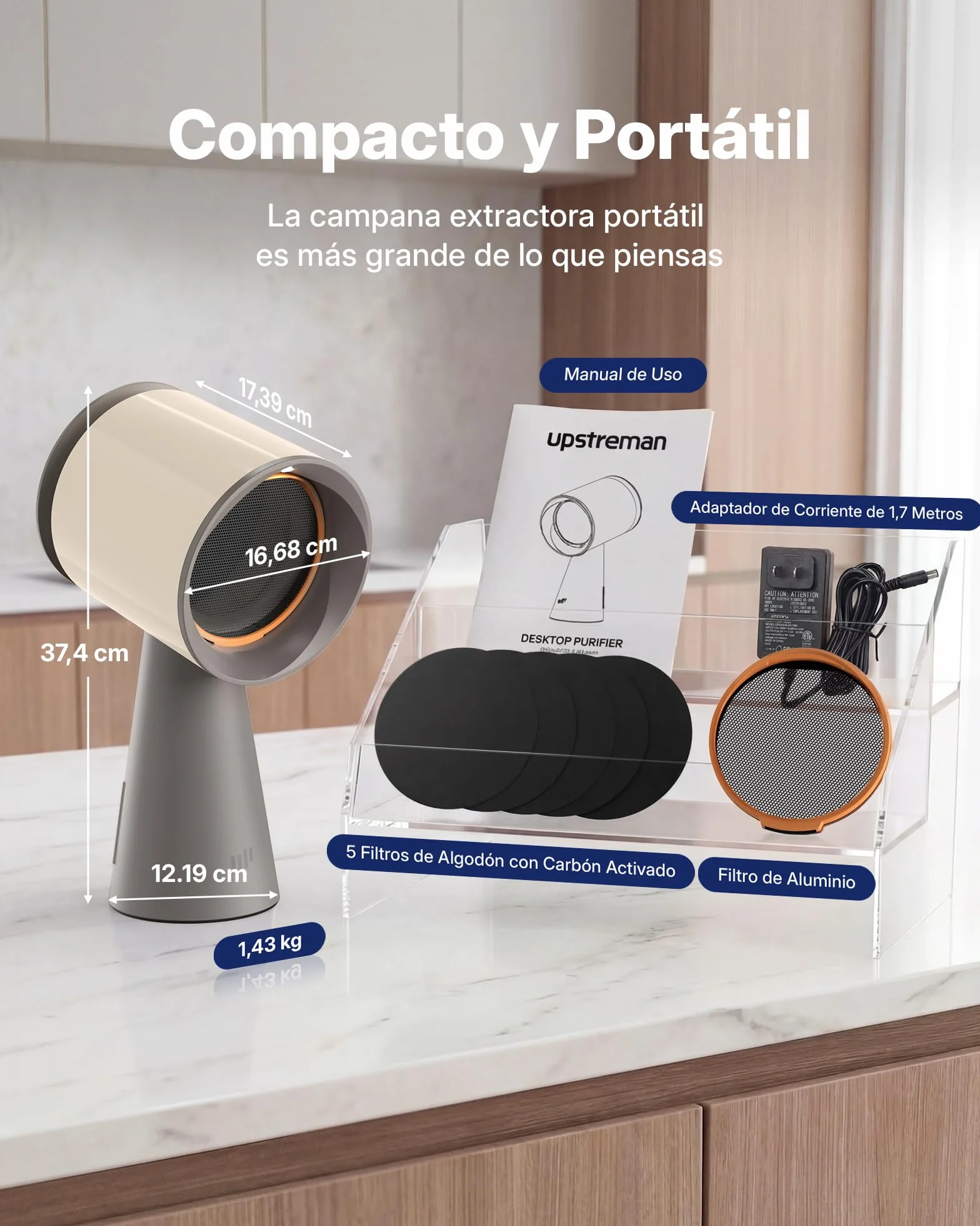 Upstreman Campana Extractora Portátil de Mesa con 3 Velocidades, Bajo Ruido, Recipiente Grande para Aceite y Filtro de Carbón de Aluminio Extraíble, Beige
