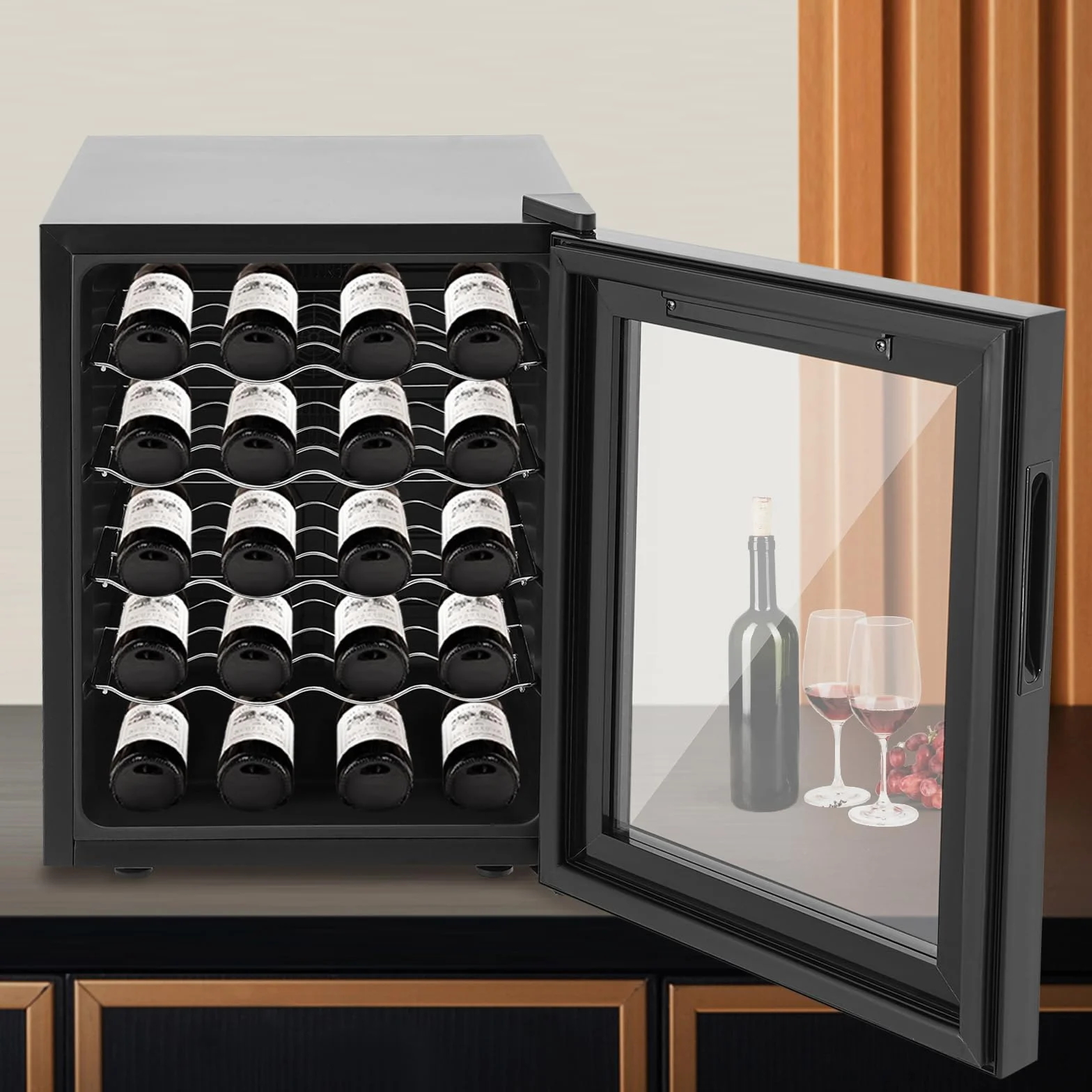Nevera para vino, 20 botellas, 48 L, iluminación LED, enfriador de vino, pantalla táctil, puerta de cristal reforzada, vino independiente, rango de temperatura 12 – 18 °C, 50,2 x 40 x 53 cm