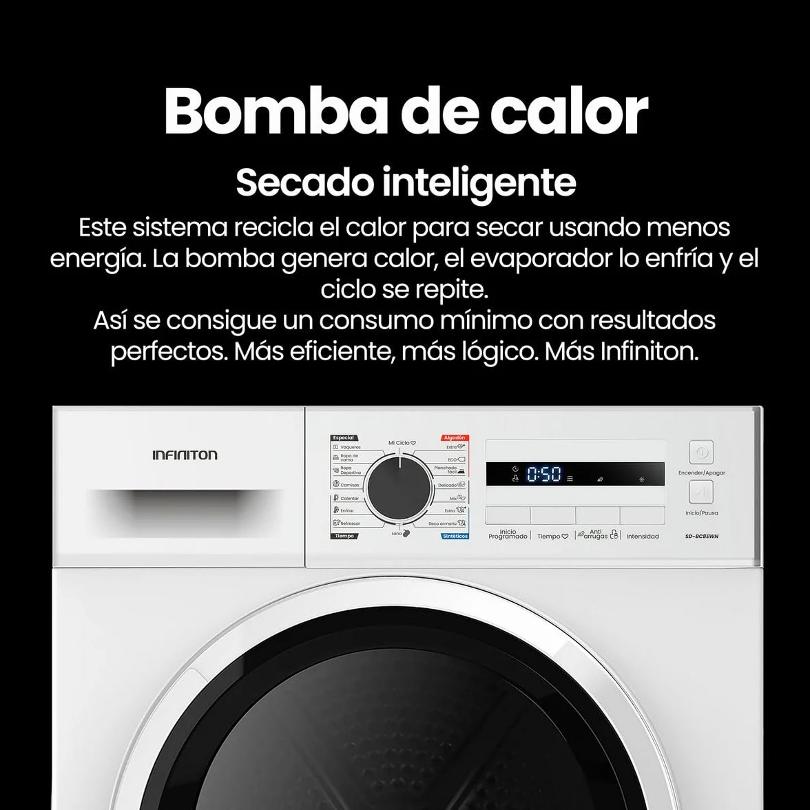 Secadora Bomba de Calor Infiniton SD-A85BB, 8 kg, 85 cm de Altura, 14 Programas, Función Antiarrugas, E, Cesto interior de acero galvanizado, Pórtico extra grande con 375mm (SD-A85BB || Blanco)