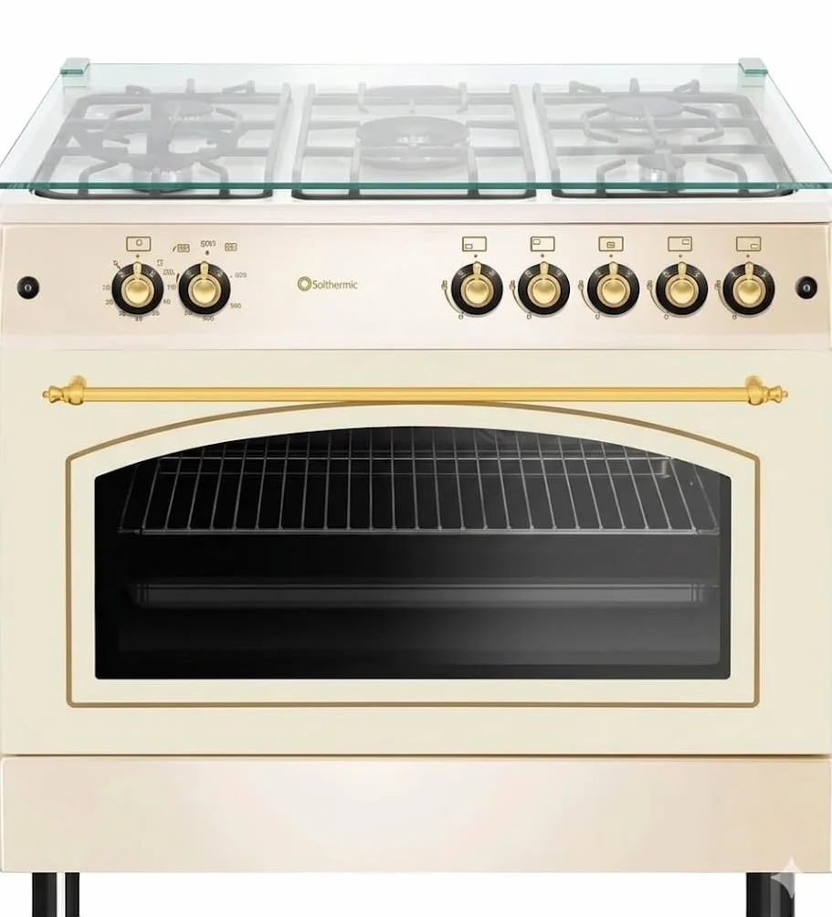 SOLTHERMIC F9L50G2-C COCINA CREMA RUSTICA CON MANDOS DORADOS/ANCHO 90 CMS / 5 FUEGOS/HORNO PANORAMICO 115 L. / GAS BUTANO Y GAS CIUDAD/ENTREGA A DOMICILIO Y RETIRADA DEL USADO GRATIS