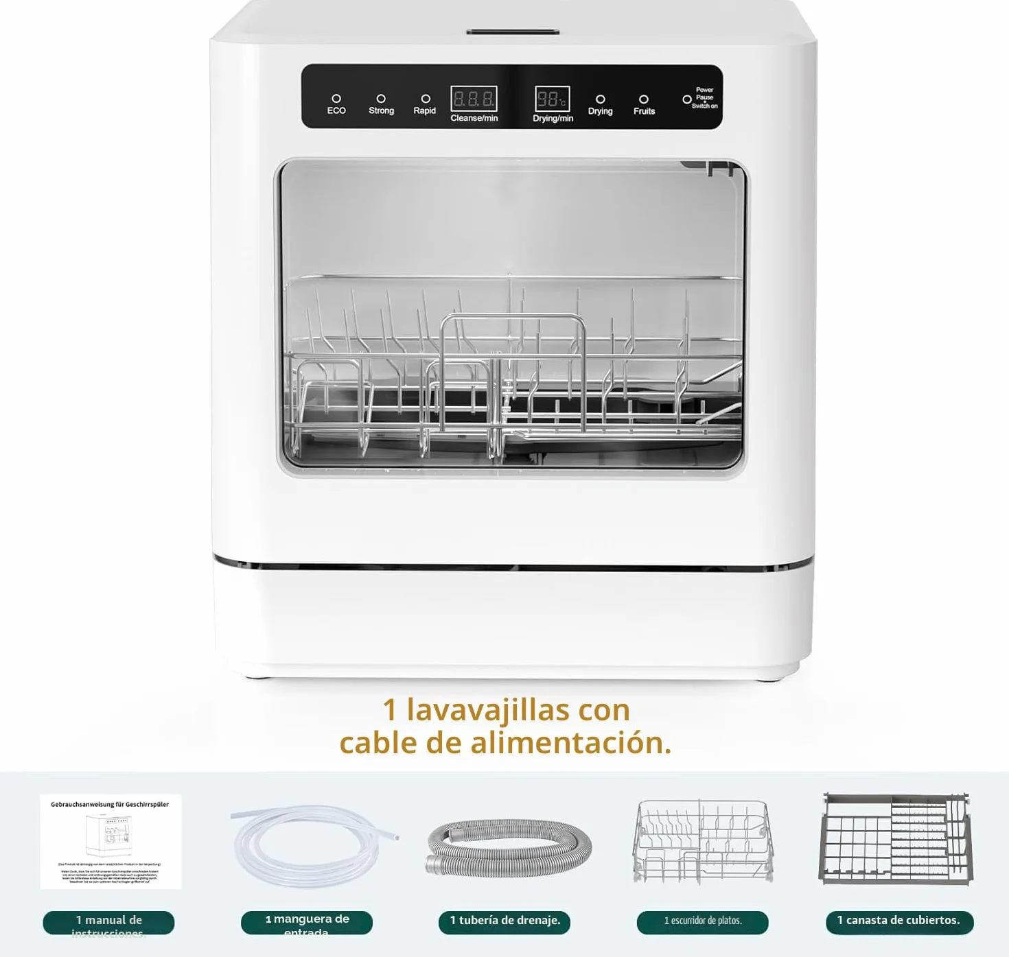 Encimera lavavajillas portátil de 800W, lavavajillas de mesa con 6 programas y tanque de agua de 6L, mini lavavajillas con cubierta semitransparente e indicador LED, perfecto y sencillo para